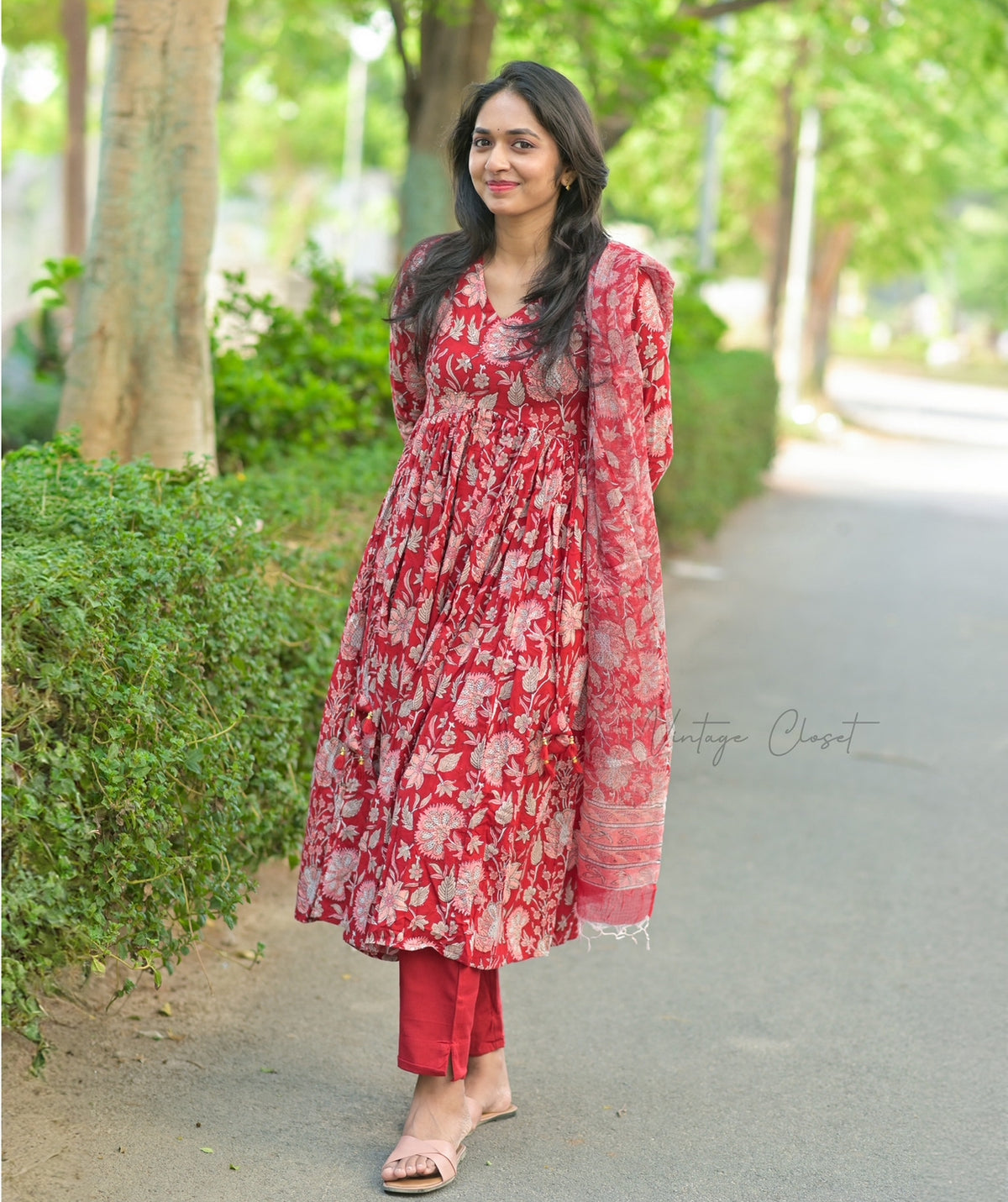 Kalpana – Red Handblock Print Suit with Kota Doria Dupatta