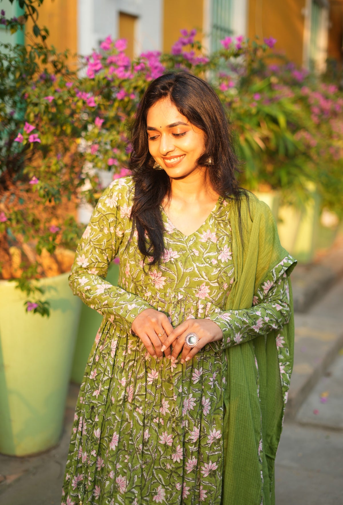 Yasmin – Handblock Print Mul Cotton Alia-Cut Suit Set