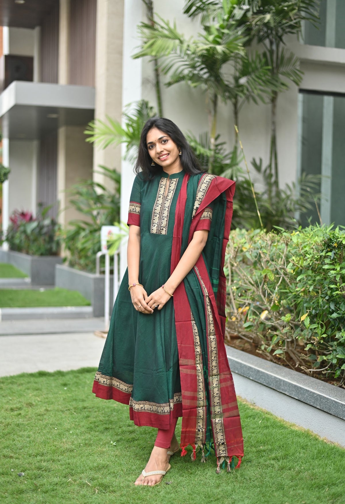 Arti – Green Narayanpet Anarkali with Red Dupatta