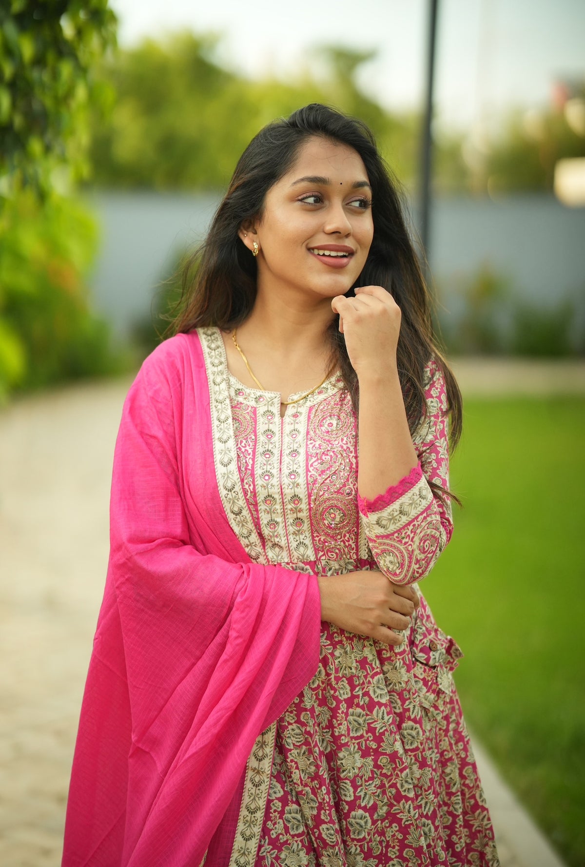 Premika – Pink Cotton Embroidered Anarkali Suit Set