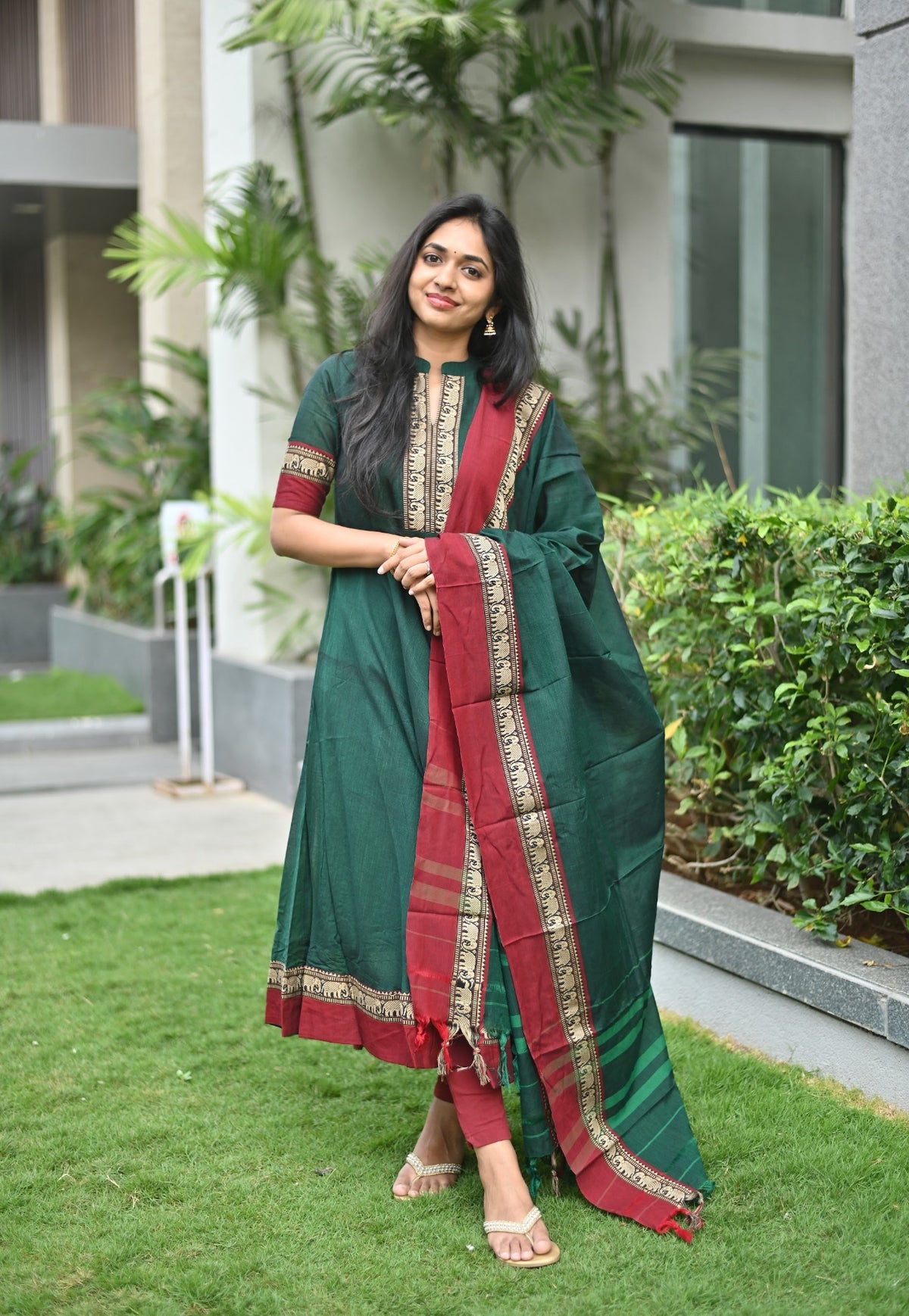 Arti – Green Narayanpet Anarkali with Red Dupatta