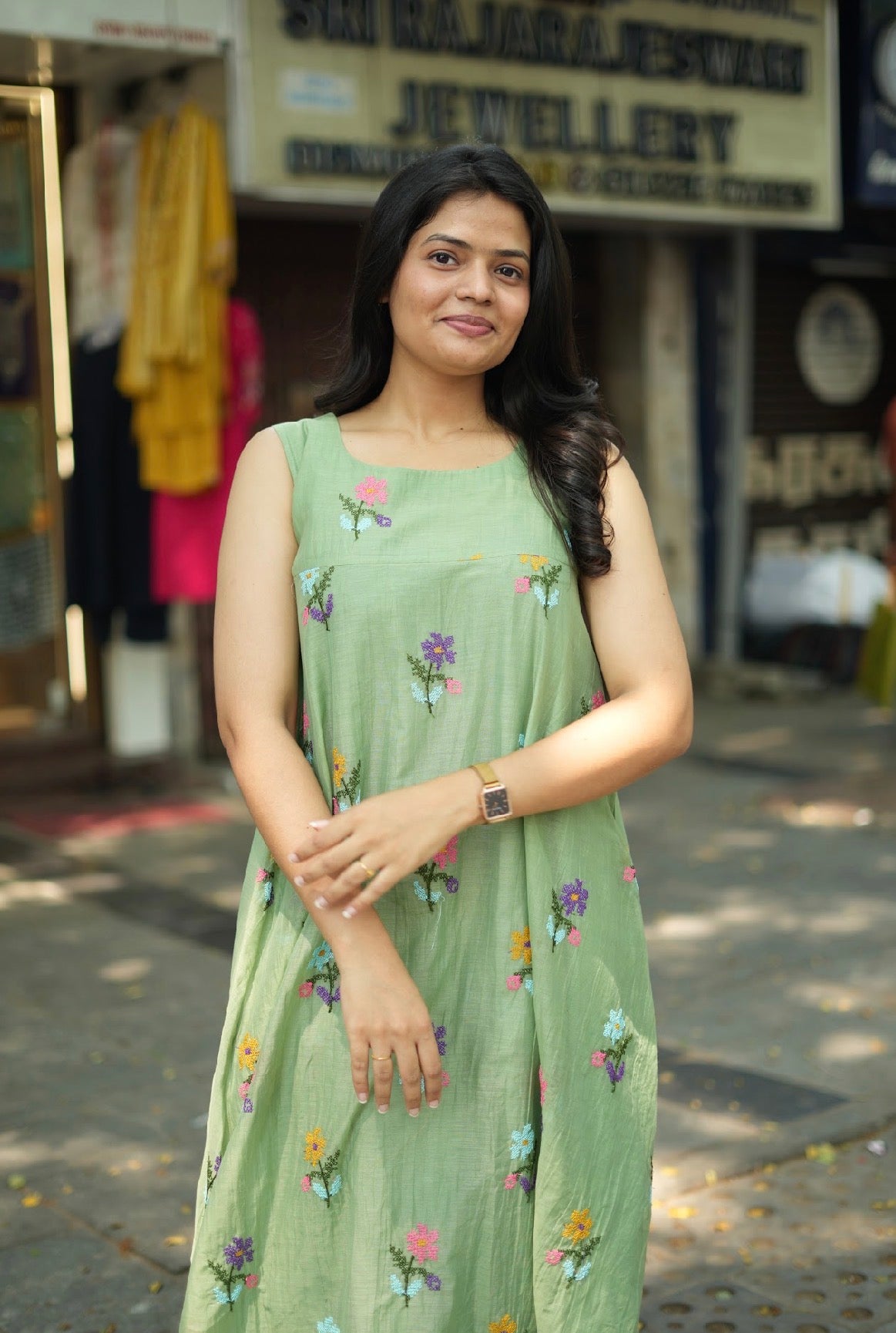 ANVI -  Sage green mal Chanderi embroidered summer dress -(VC768)