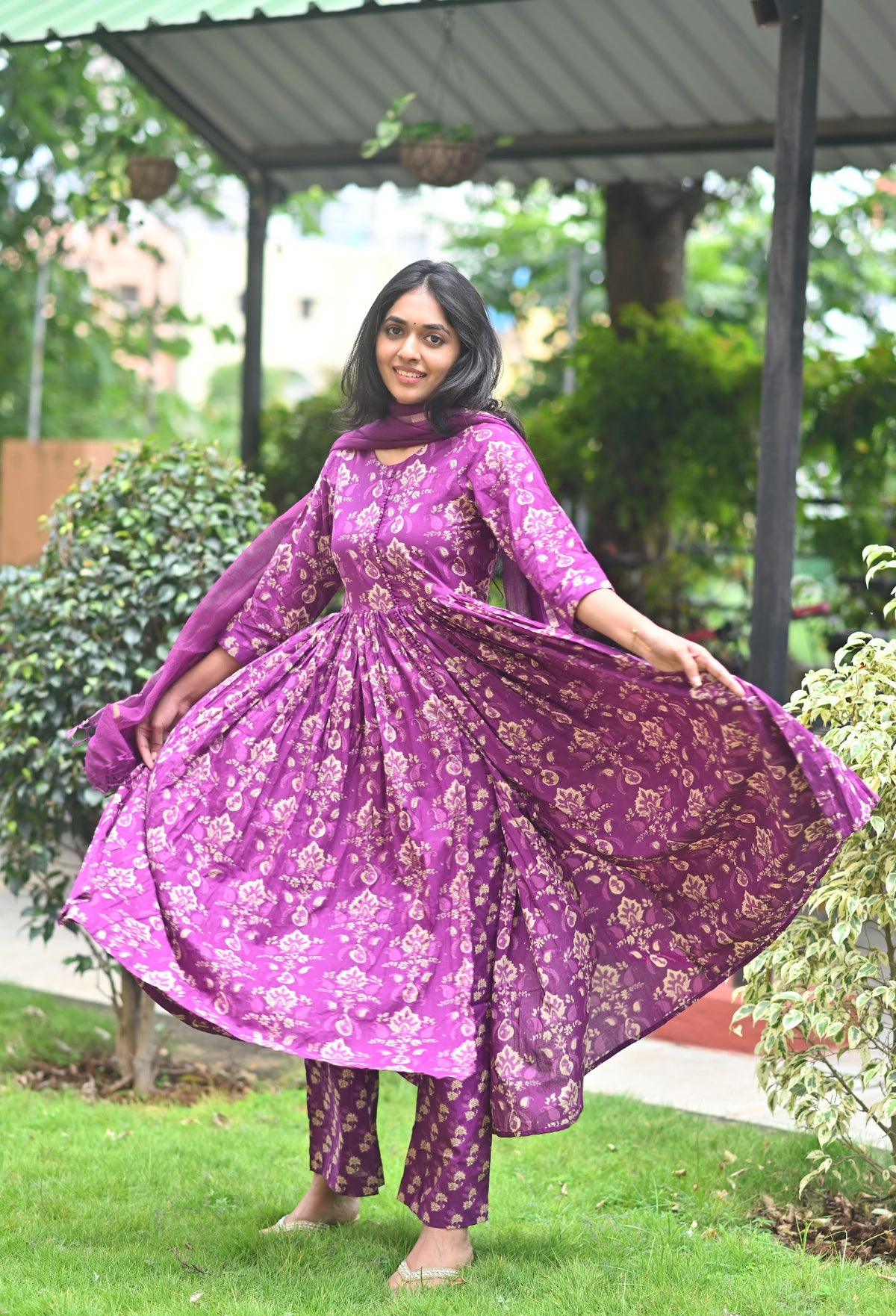 Aditi – Violet Cotton Handblock Anarkali Suit Set