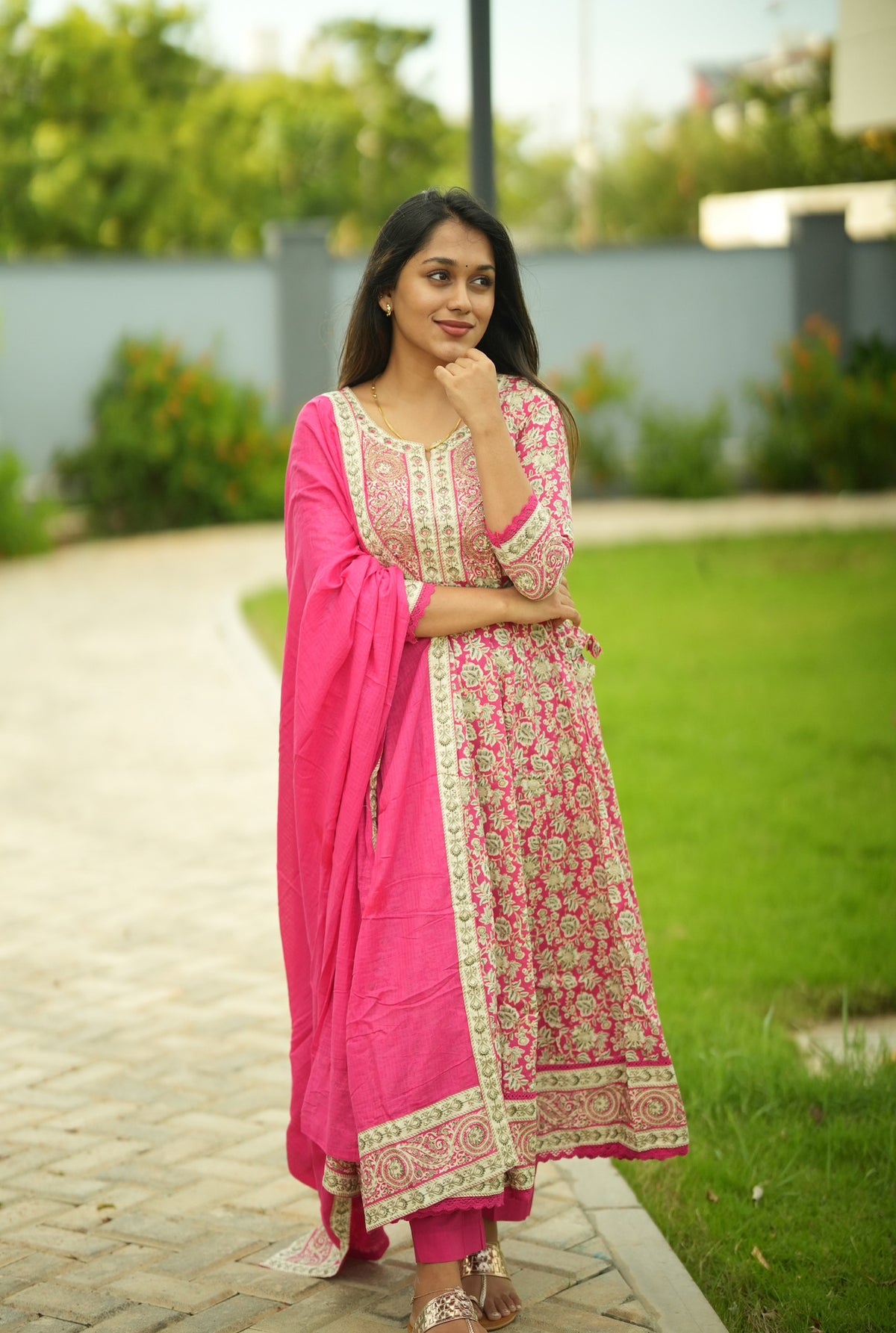 Premika – Pink Cotton Embroidered Anarkali Suit Set