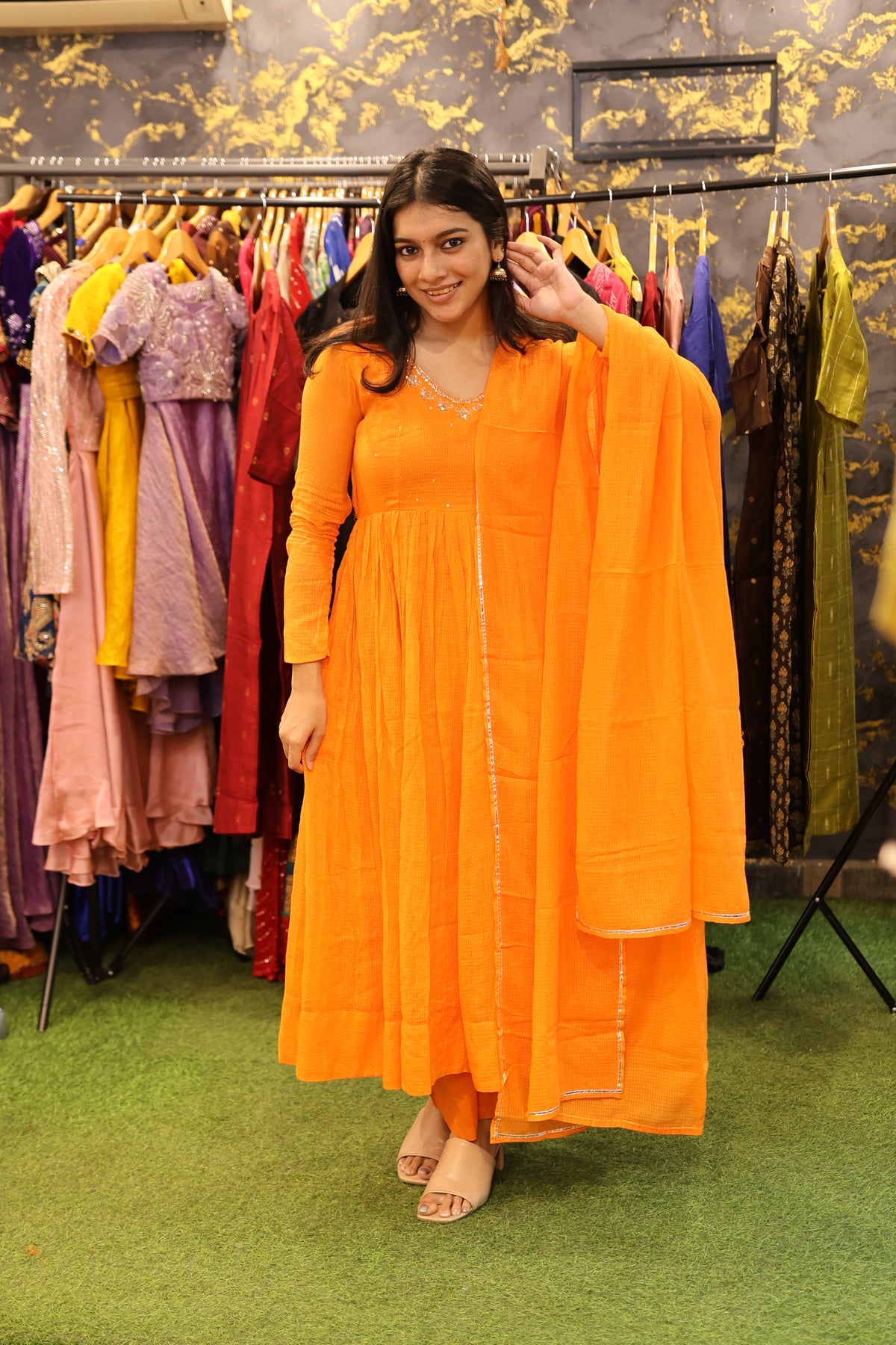 Saanvi – Orange Kota Cotton Anarkali Suit Set