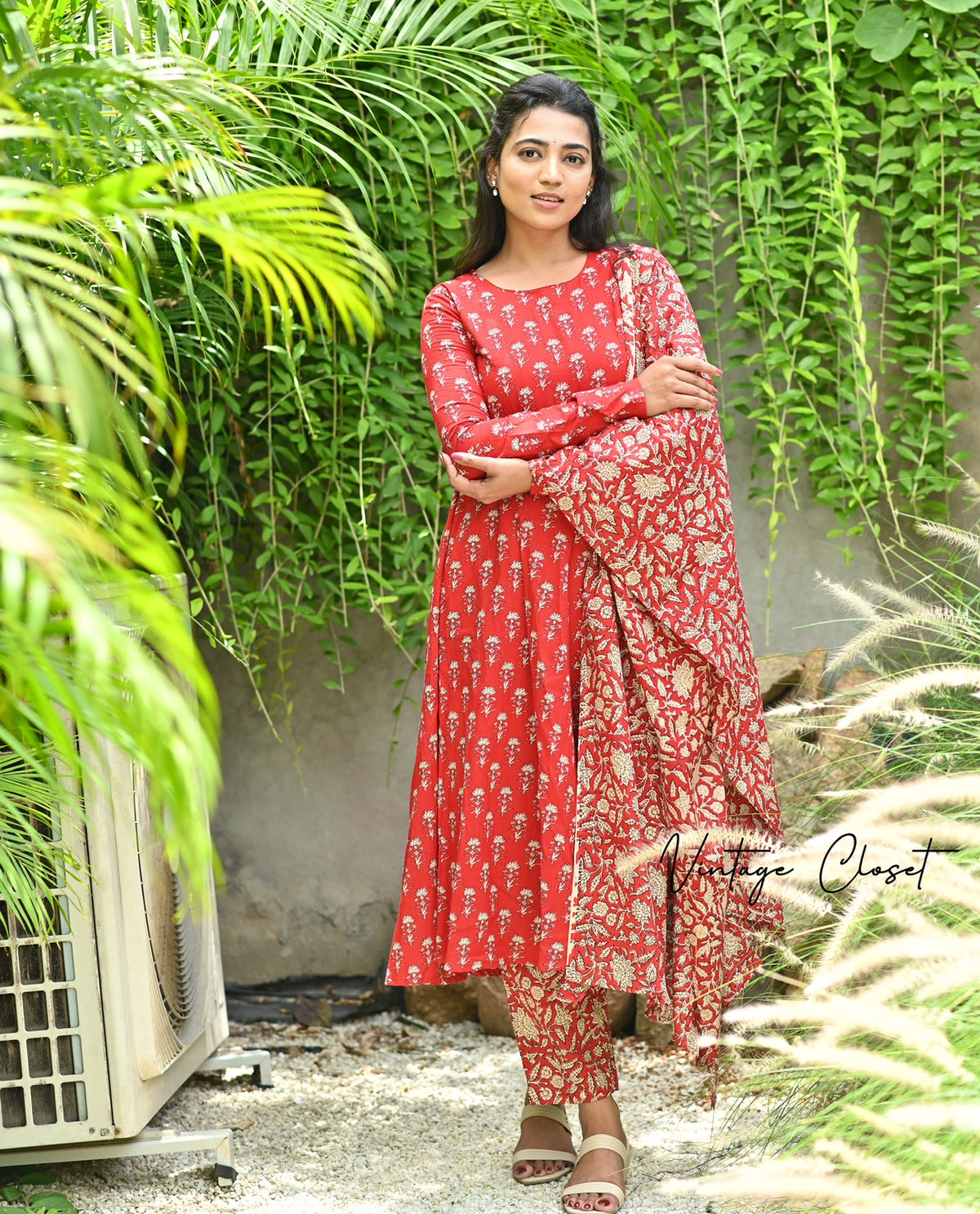 Shreya – Cherry Red Cotton Block Print Anarkali Suit Set