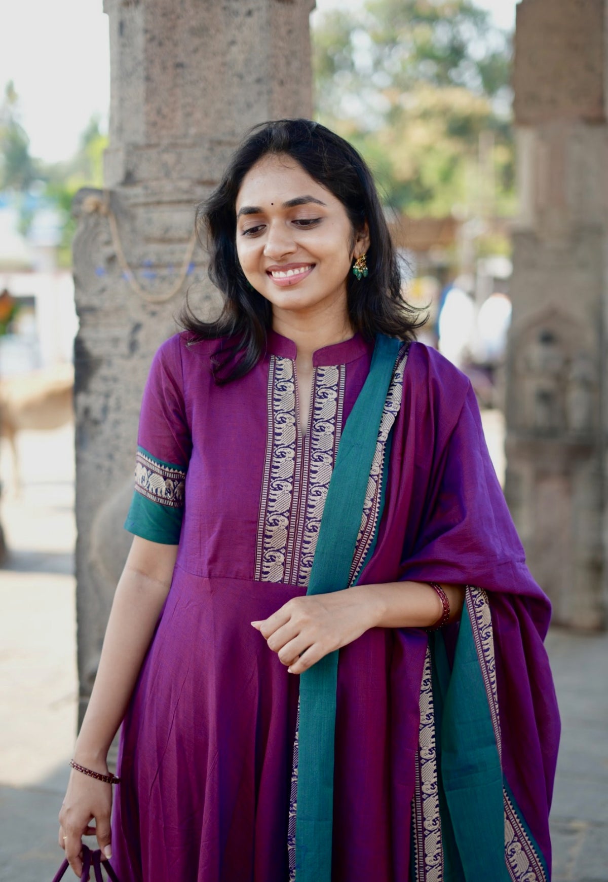 Arti – Violet Narayanpet Anarkali with Green Dupatta
