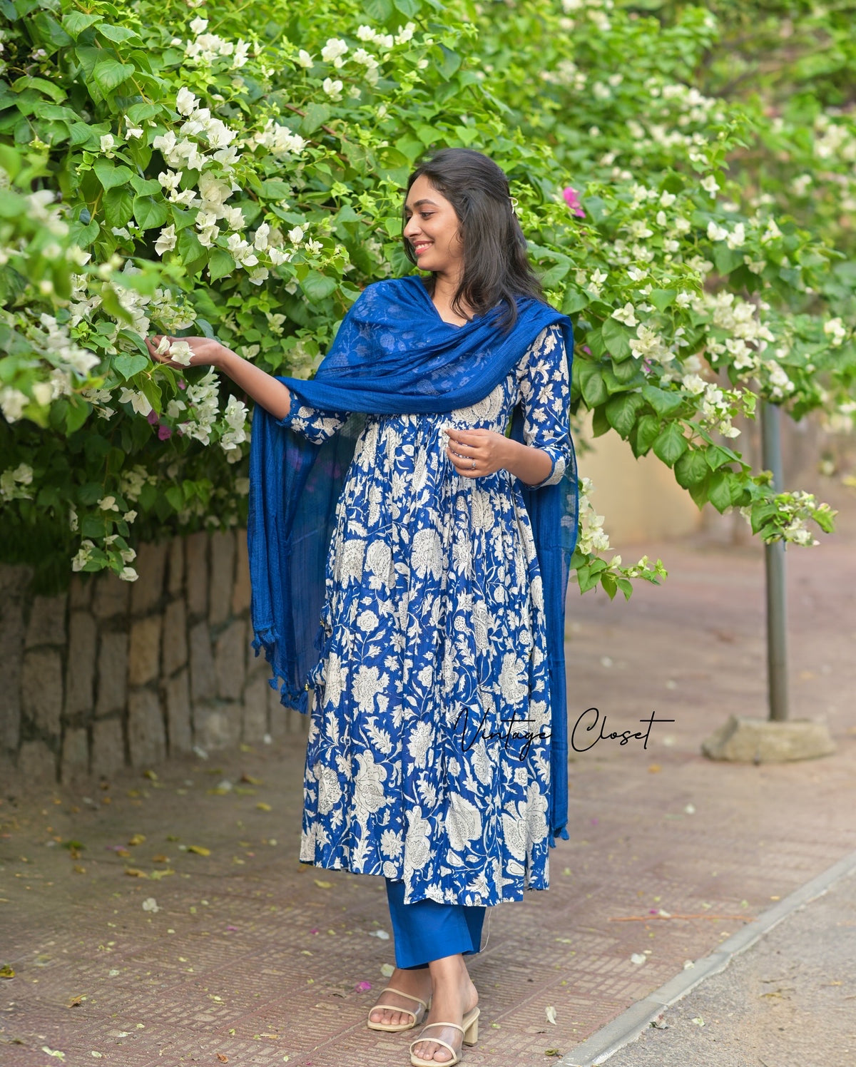 Diya – Ink Blue Block Print Alia-Cut Anarkali Suit Set