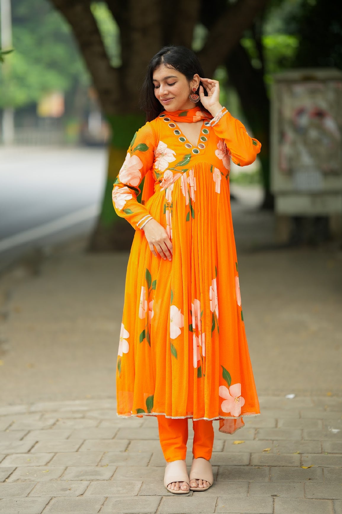 Tamara – Orange Hand-Painted Chiffon Alia-Cut Suit