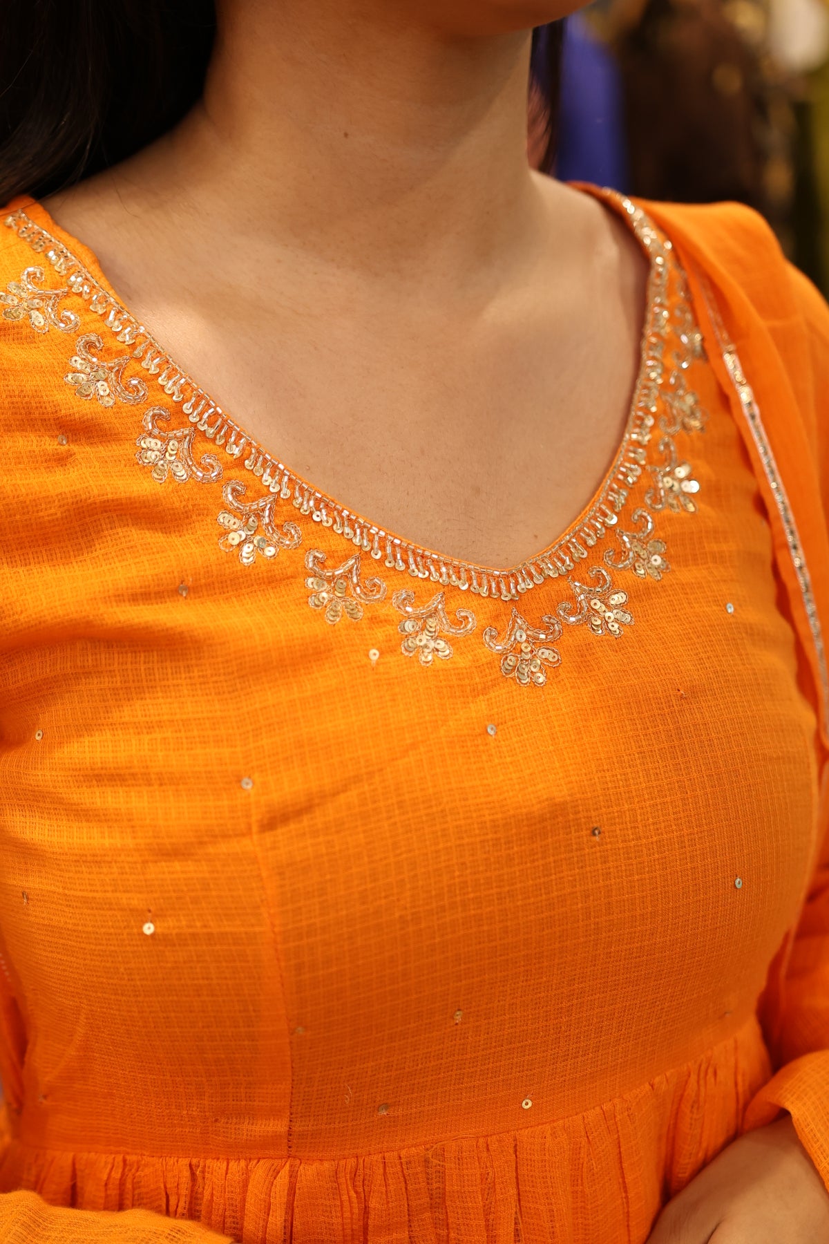 Saanvi – Orange Kota Cotton Anarkali Suit Set