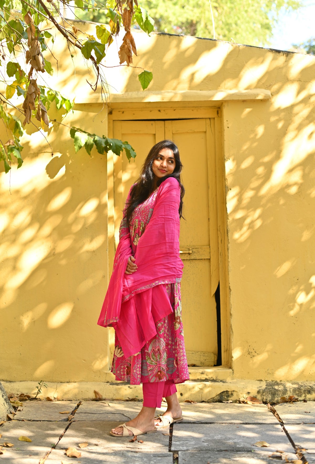 Aishu – Floral Block Print Alia-Cut Anarkali Set with Kota Dupatta