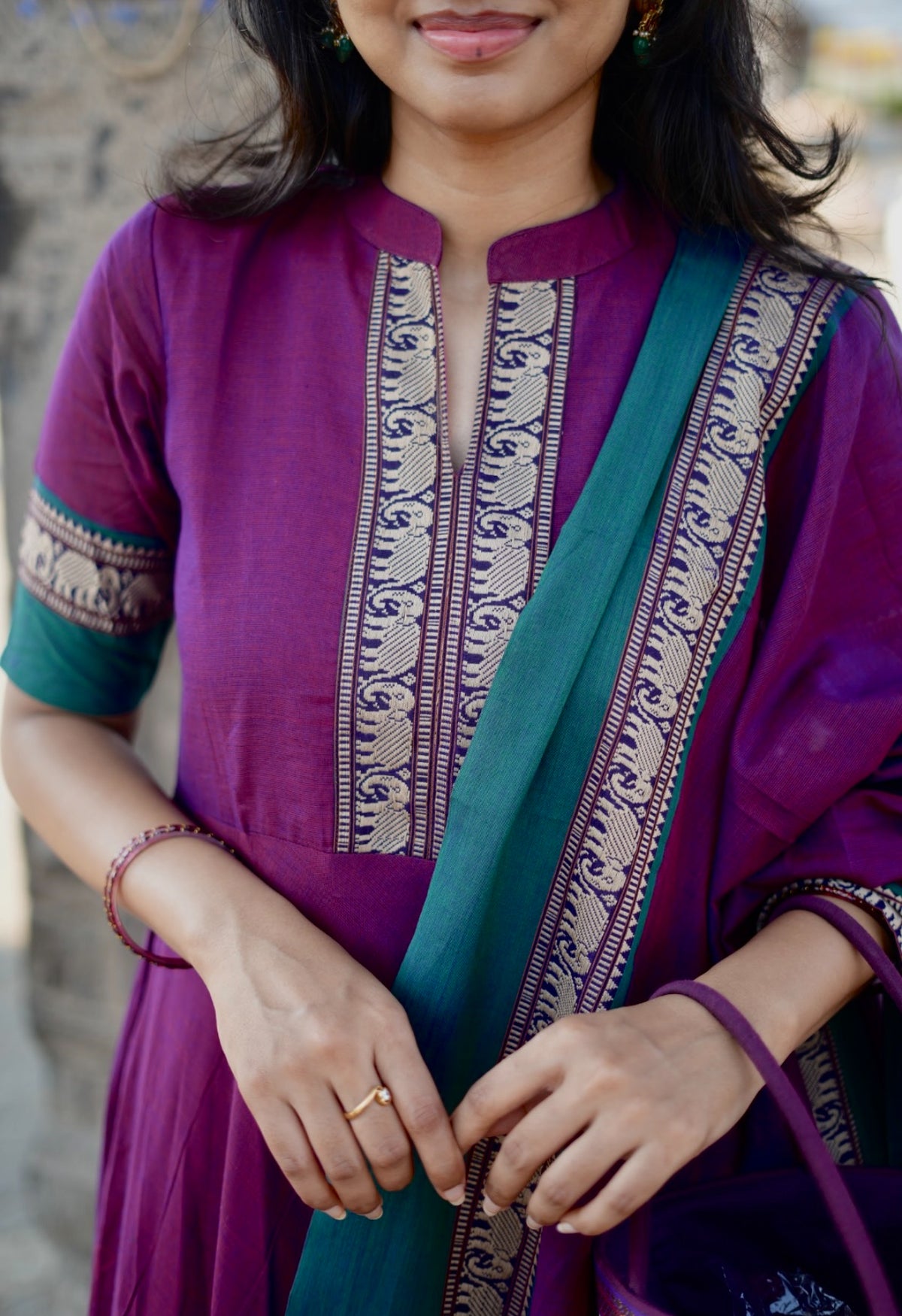 Arti – Violet Narayanpet Anarkali with Green Dupatta