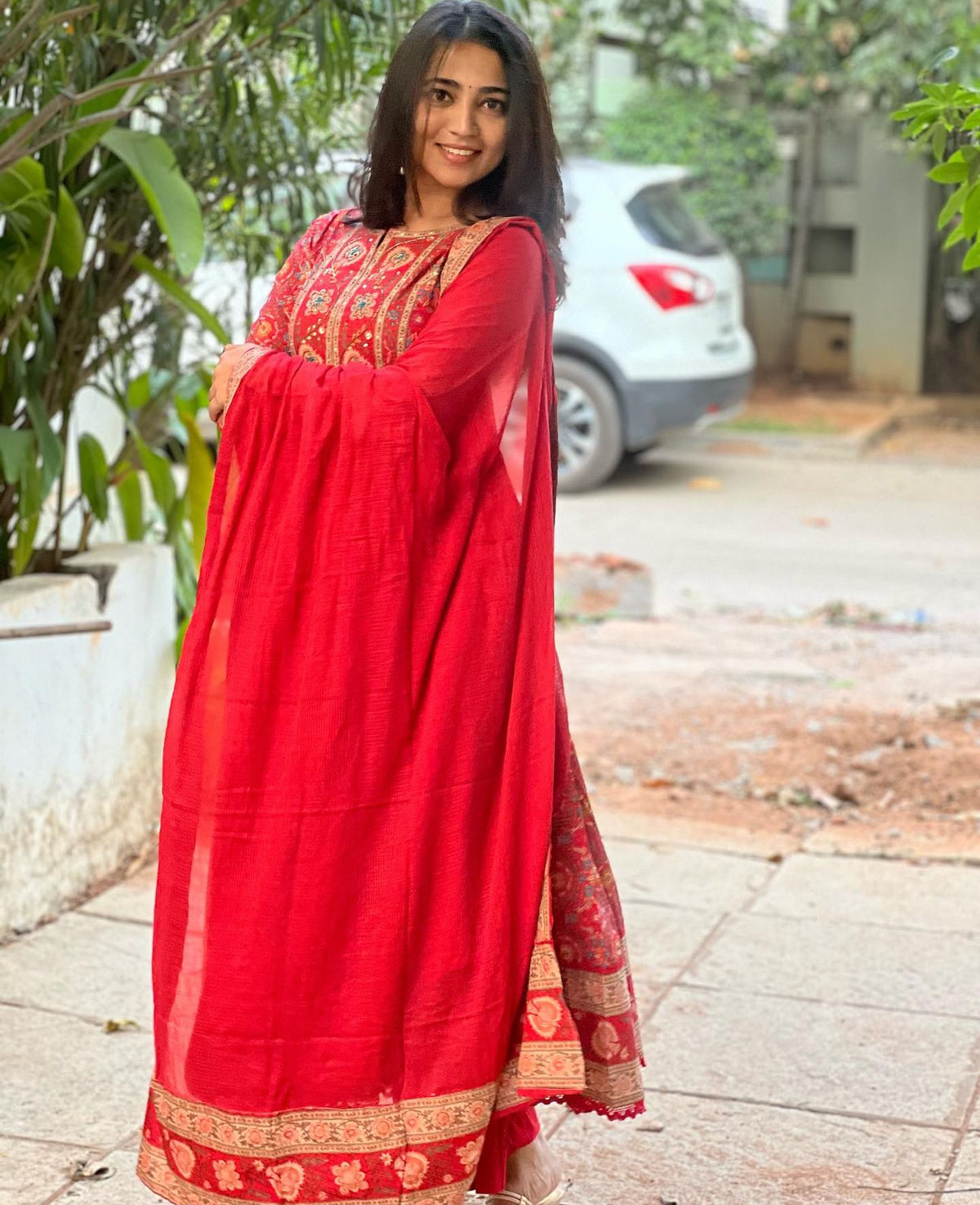 Amrita – Red Cotton Embroidered Anarkali Suit Set