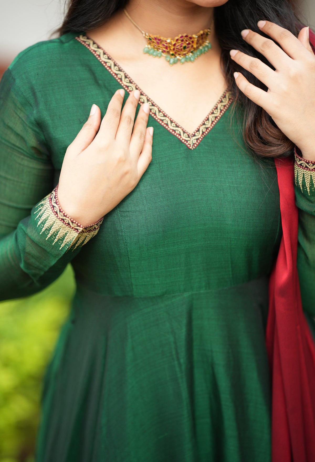 Akila – Green Narayanpet Anarkali with Red Dupatta
