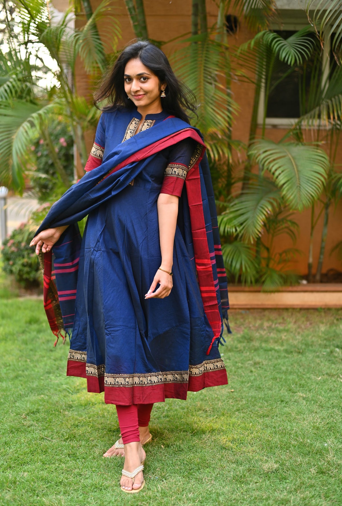 Arti – Blue Narayanpet Anarkali with Red Dupatta