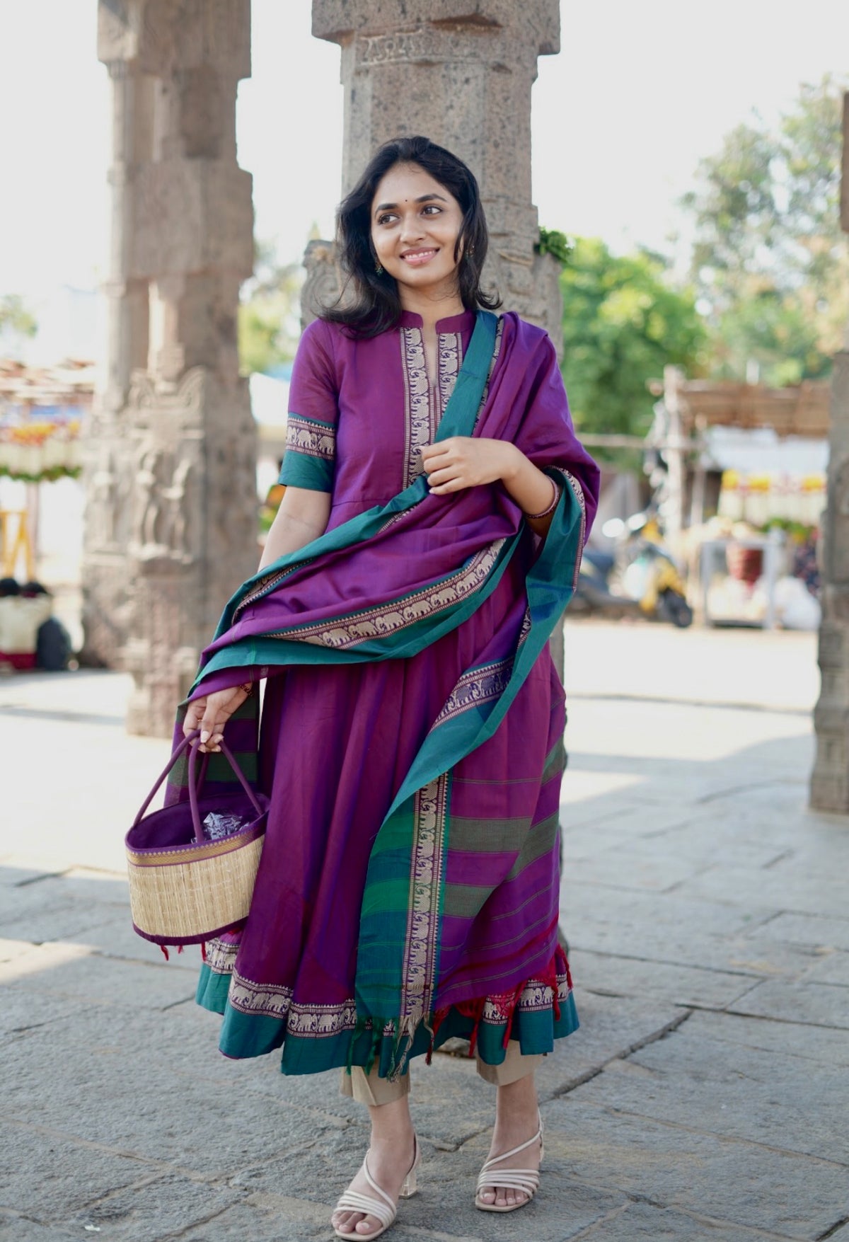 Arti – Violet Narayanpet Anarkali with Green Dupatta