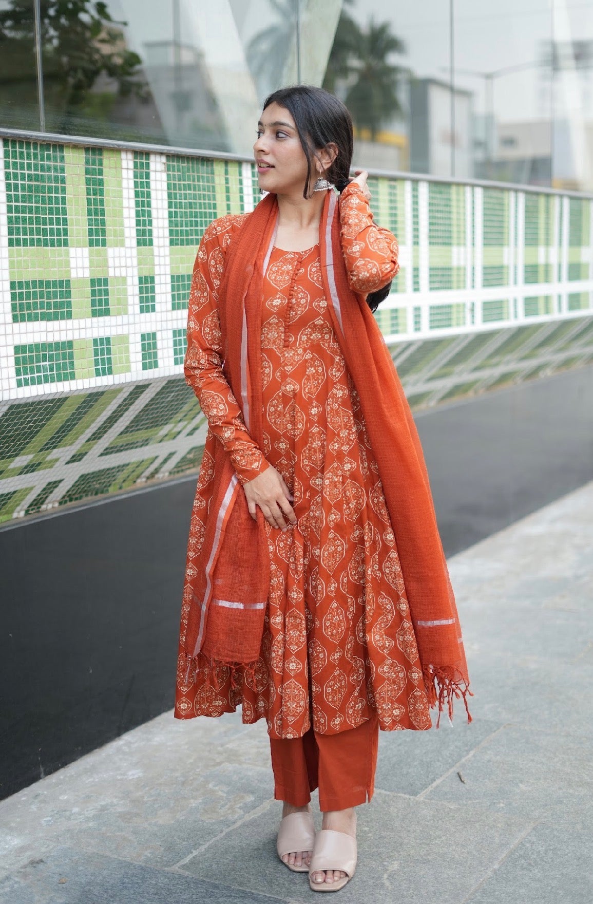 Shwetha – Rust Organic Cotton Block Print Anarkali Suit