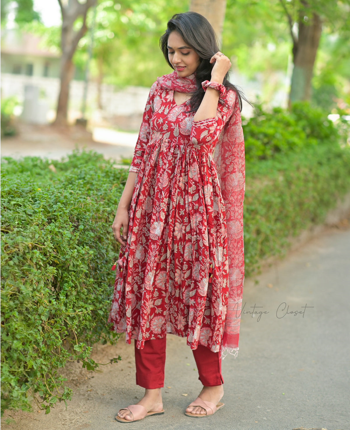 Kalpana – Red Handblock Print Suit with Kota Doria Dupatta