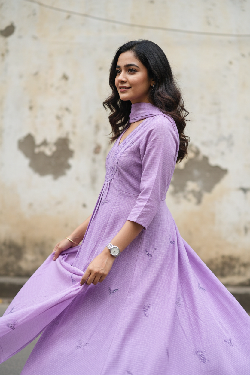 Saanvi – Lilac Kota Cotton Embroidered Suit Set