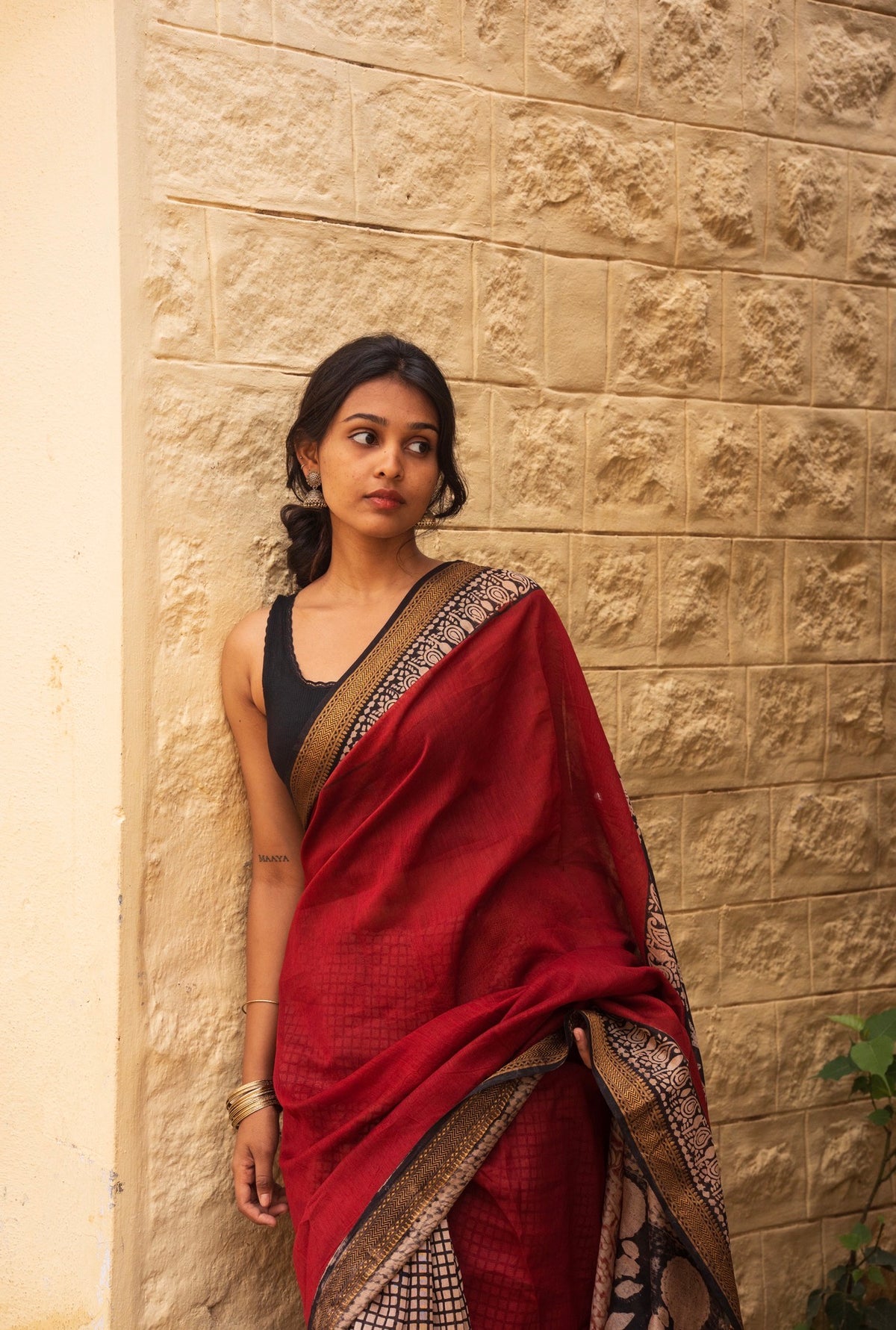 Tripti -Maheshwari silk Bagru saree(Maroon)