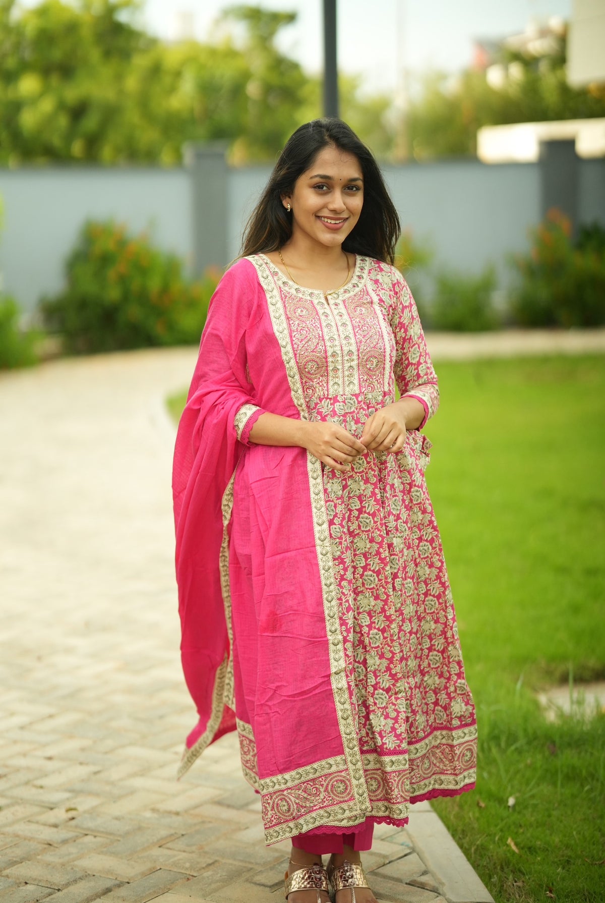 Premika – Pink Cotton Embroidered Anarkali Suit Set