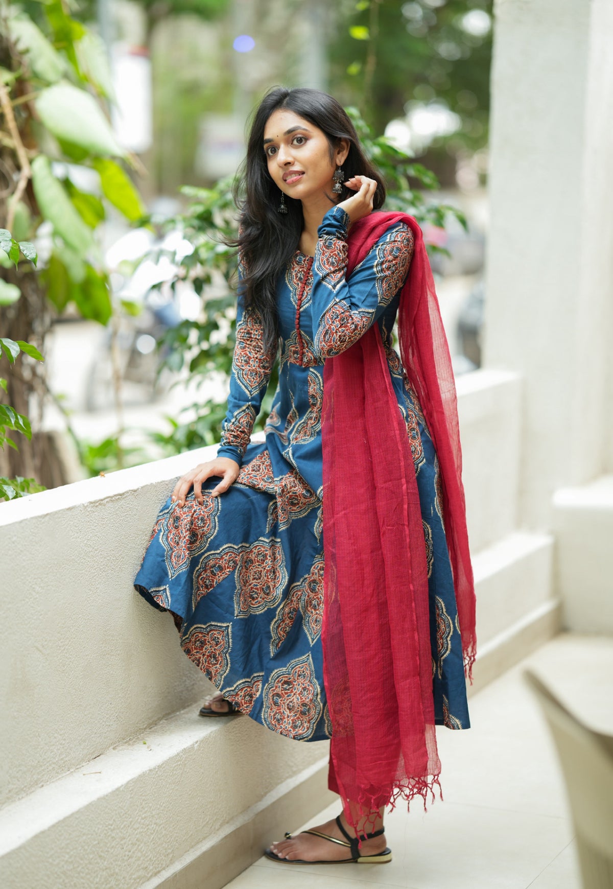 Ashmitha – Blue Floral Block Print Anarkali Suit Set
