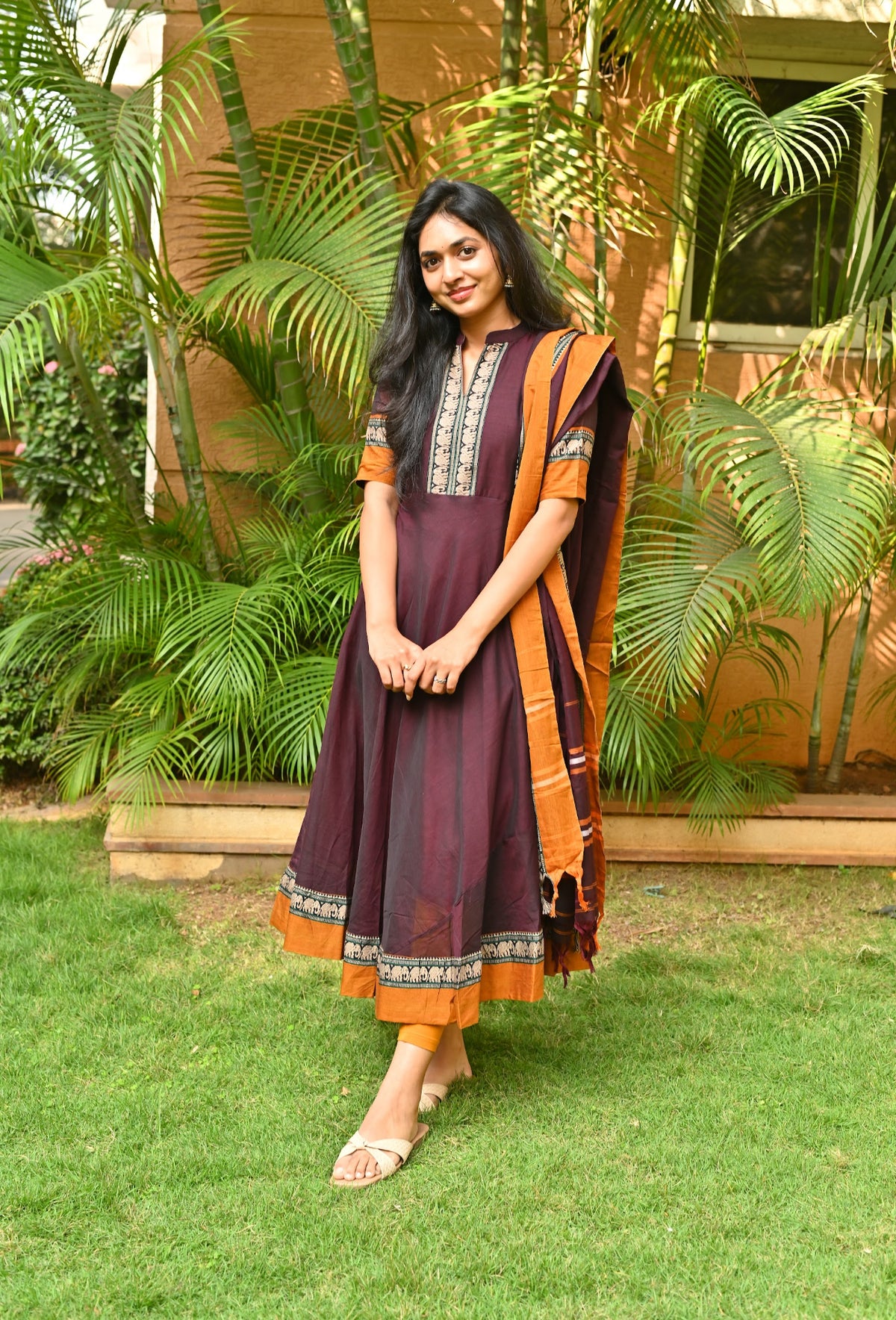 Arti – Coffee Narayanpet Anarkali with Mustard Dupatta