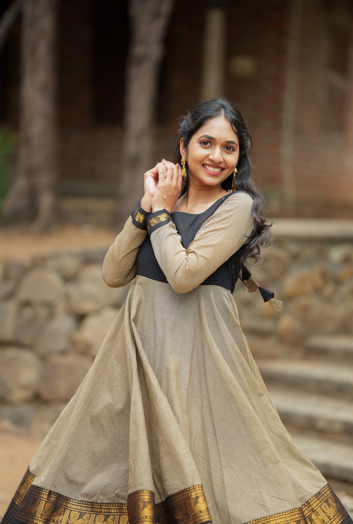 Damini – Black Chettinad Cotton Full-Flare Anarkali Suit