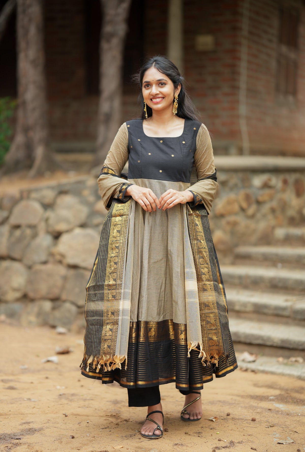 Damini – Black Chettinad Cotton Full-Flare Anarkali Suit