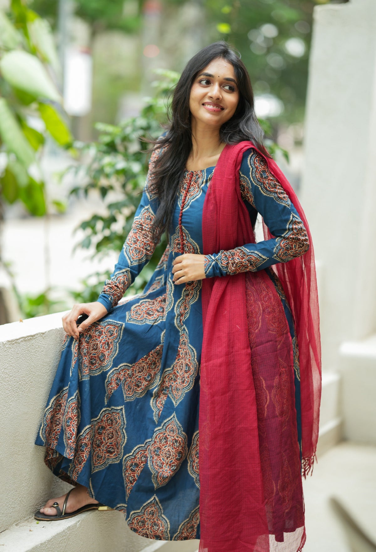 Ashmitha – Blue Floral Block Print Anarkali Suit Set