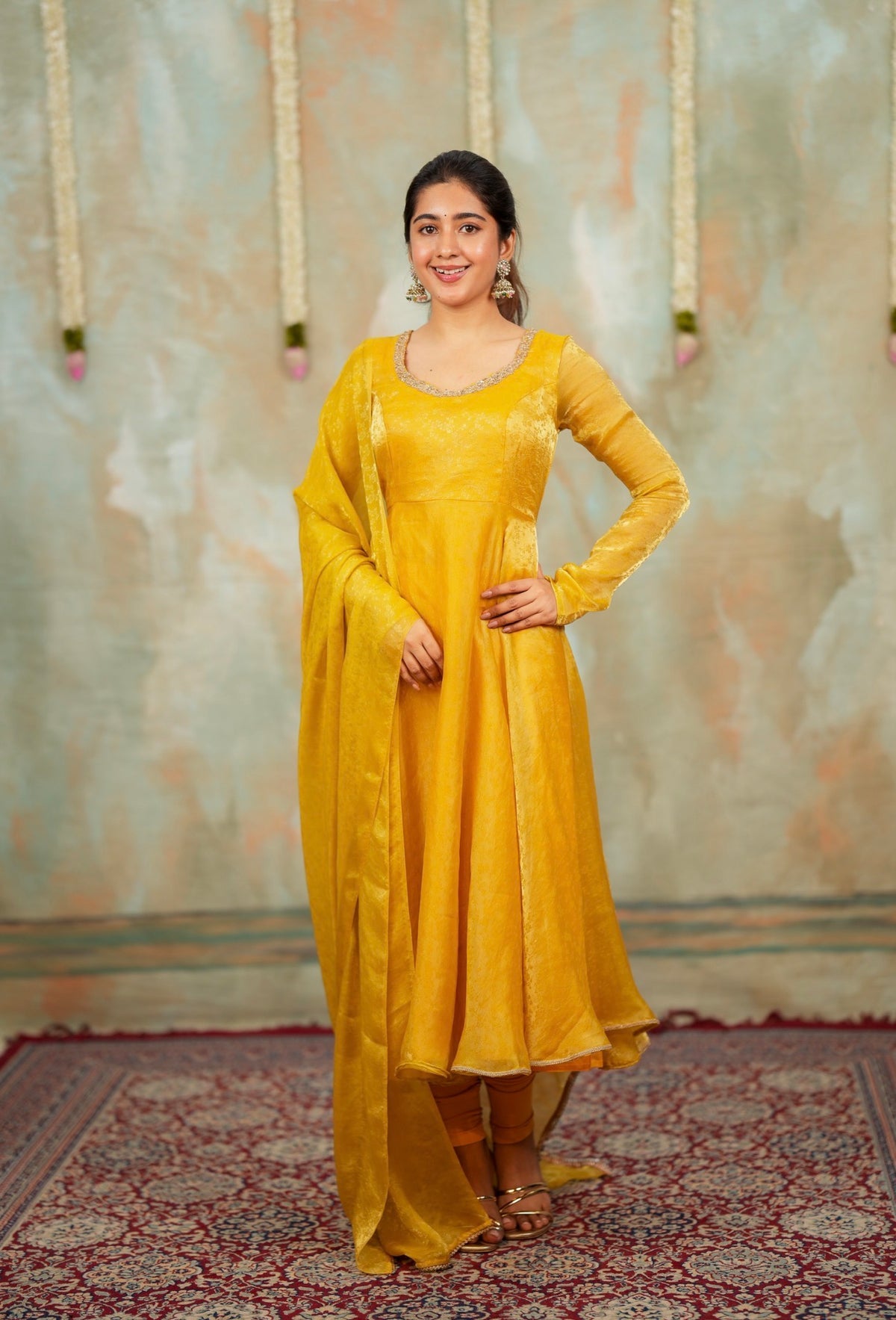 Kriya – Yellow Floral Tissue Silk Anarkali with Dupatta