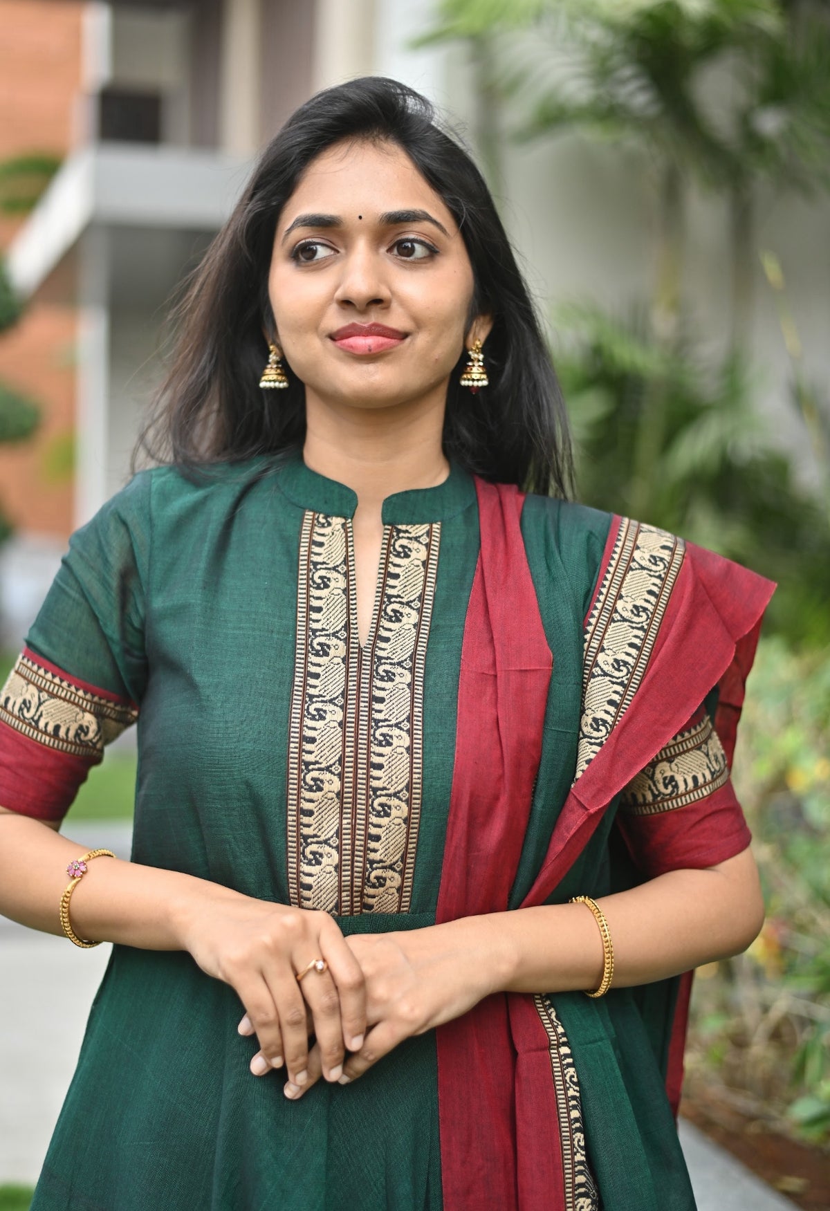 Arti – Green Narayanpet Anarkali with Red Dupatta