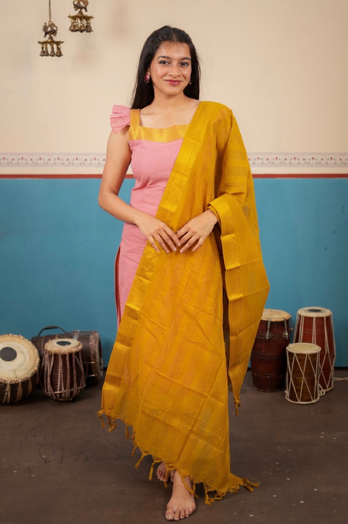 PANCHAMI -Mangalgiri set pink with mustard  (VC745)