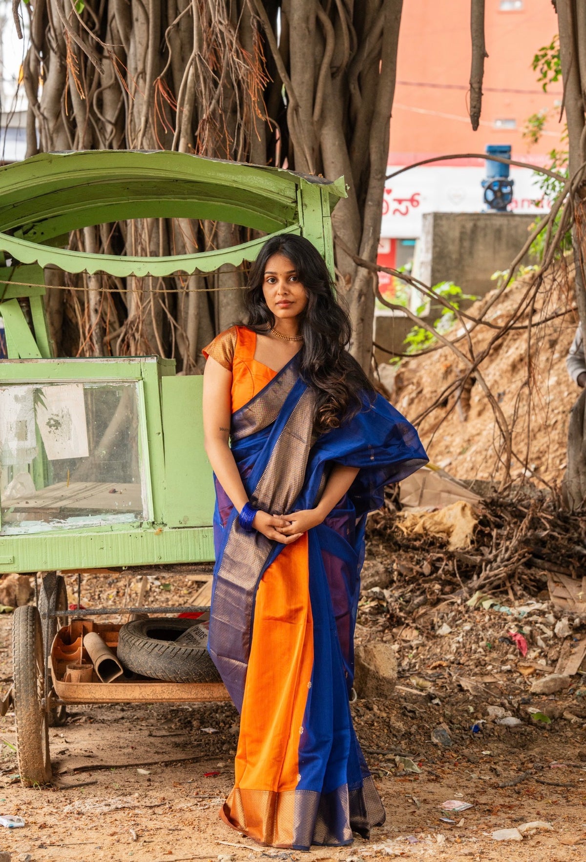 Sundari-2-tone Maheshwari silk saree(Blue with orange)