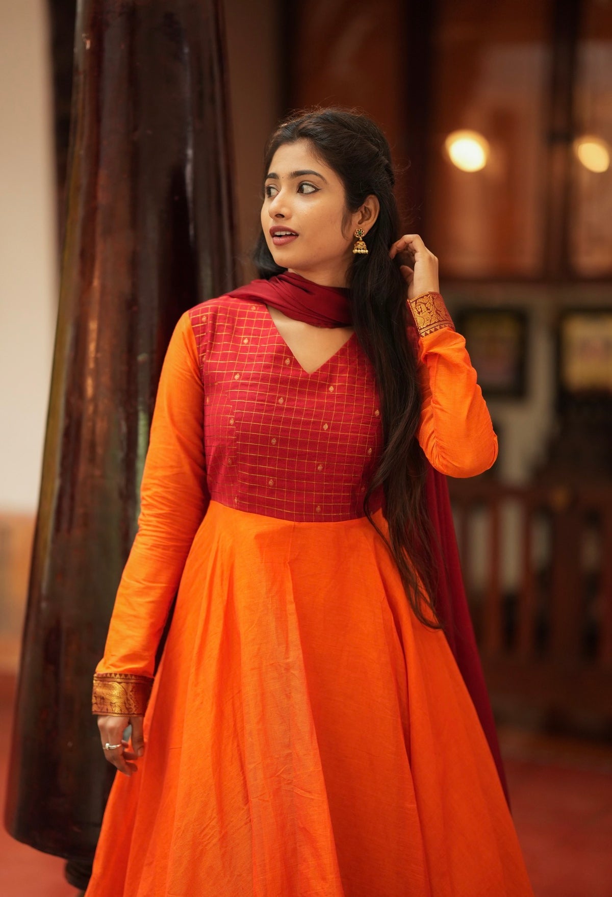 Damini – Orange Chettinad Cotton Full-Flare Anarkali Suit
