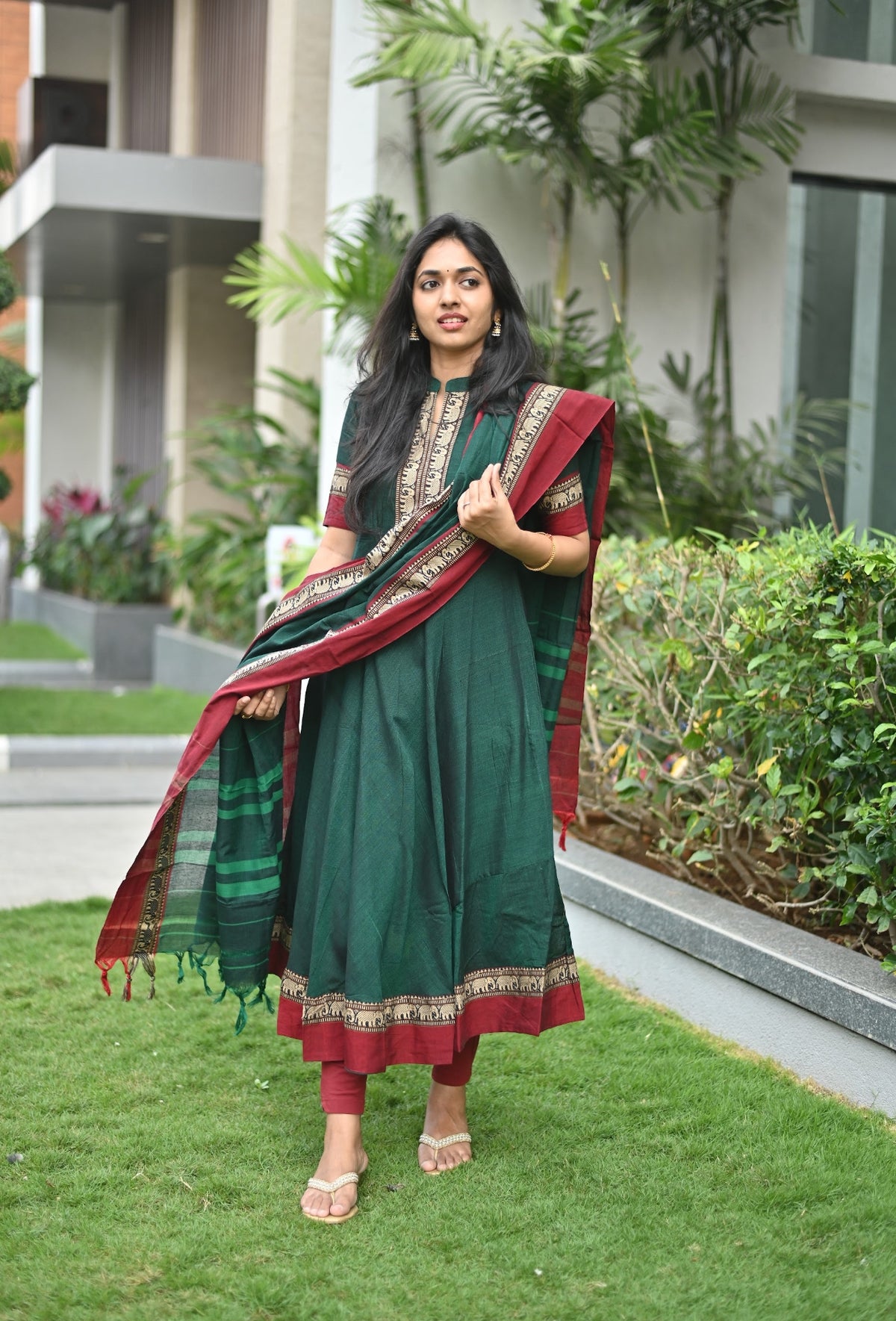 Arti – Green Narayanpet Anarkali with Red Dupatta
