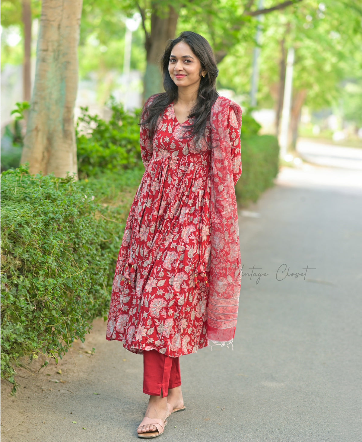 Kalpana – Red Handblock Print Suit with Kota Doria Dupatta