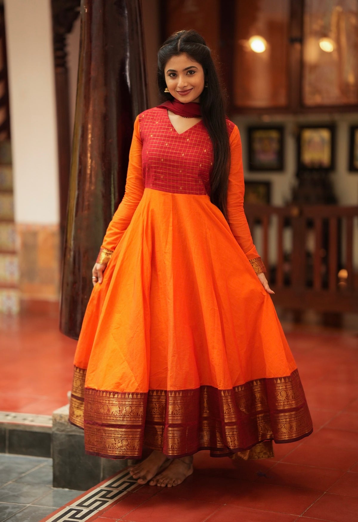 Damini – Orange Chettinad Cotton Full-Flare Anarkali Suit