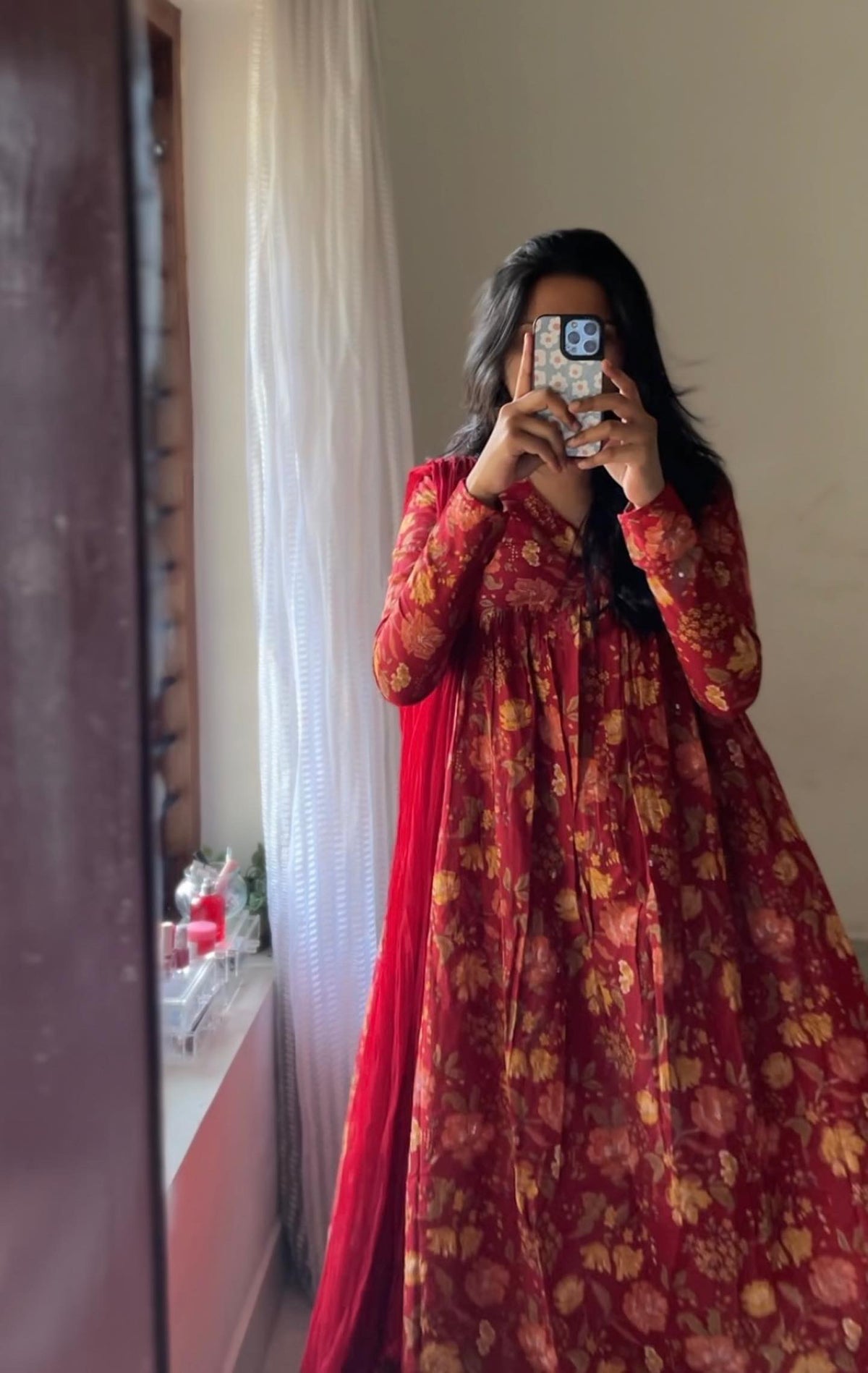Niva – Maroon Floral Alia-Cut Suit with Chiffon Dupatta