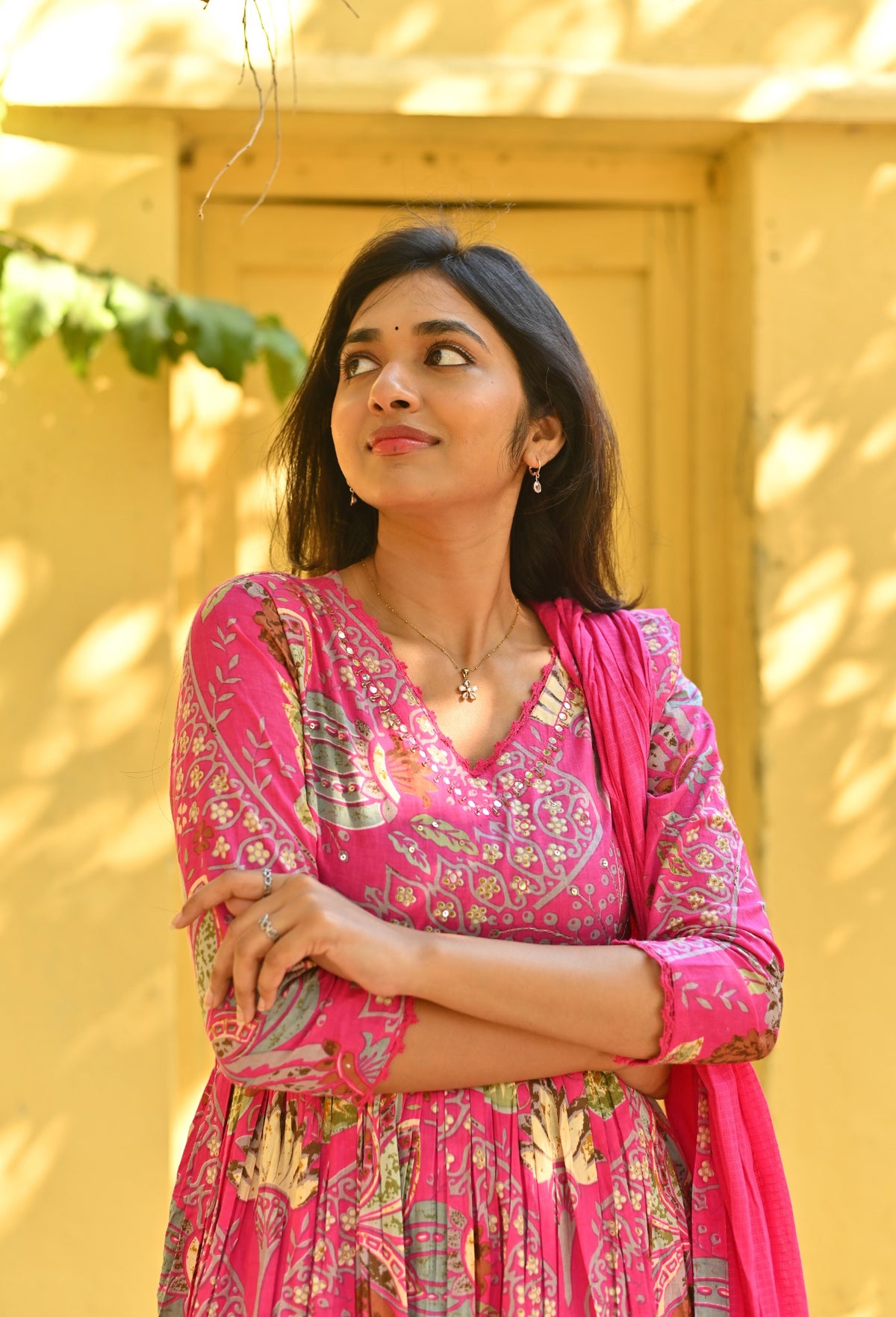 Aishu – Floral Block Print Alia-Cut Anarkali Set with Kota Dupatta