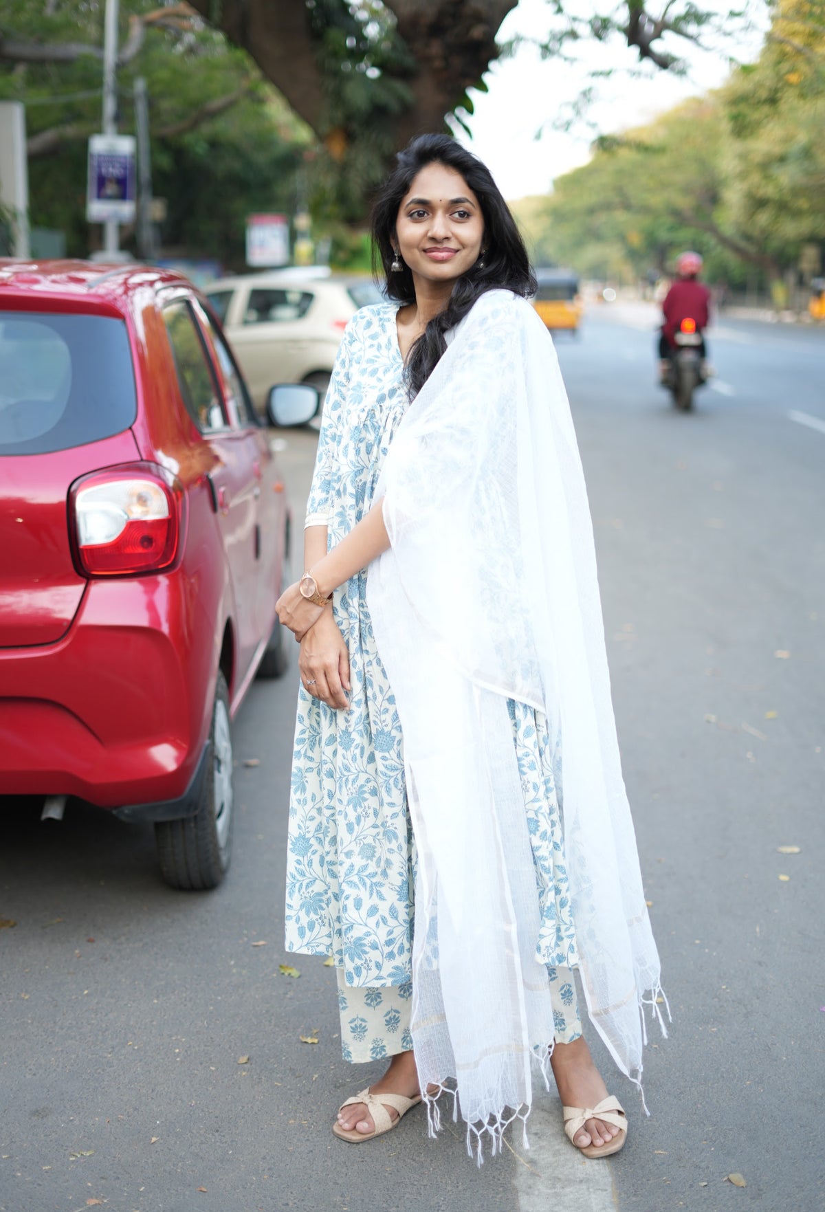 Avantra – Floral Cotton Alia-Cut Anarkali Suit Set