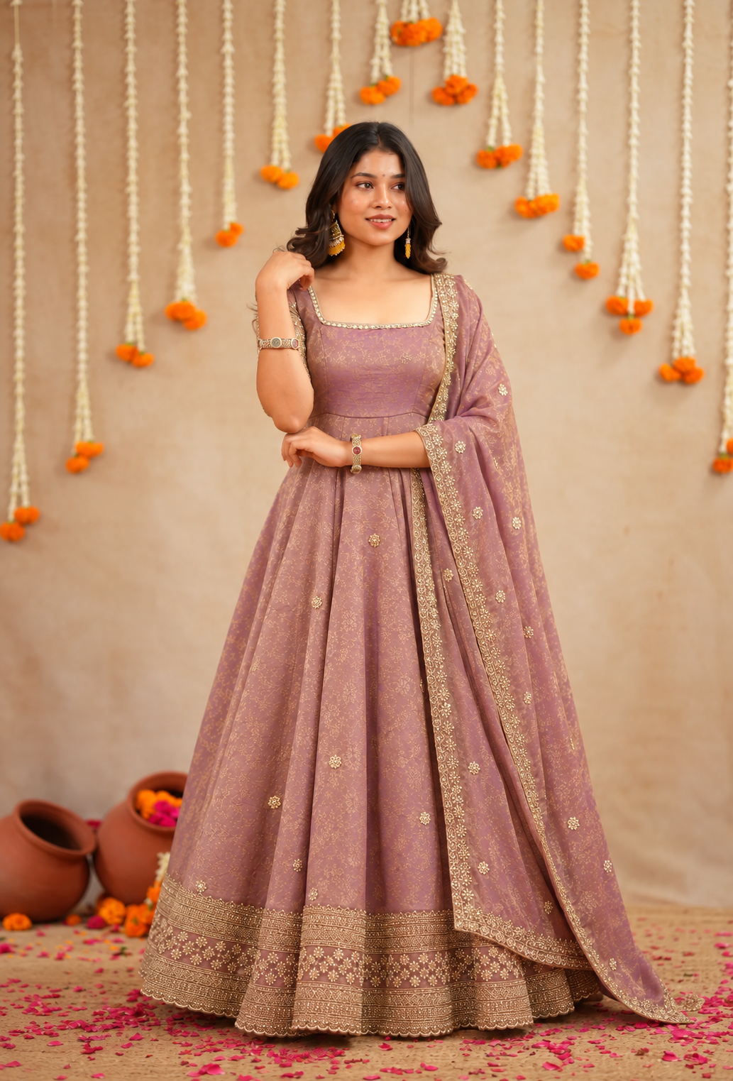 Swathi – Crushed Space Silk Fusion Set with Dupatta