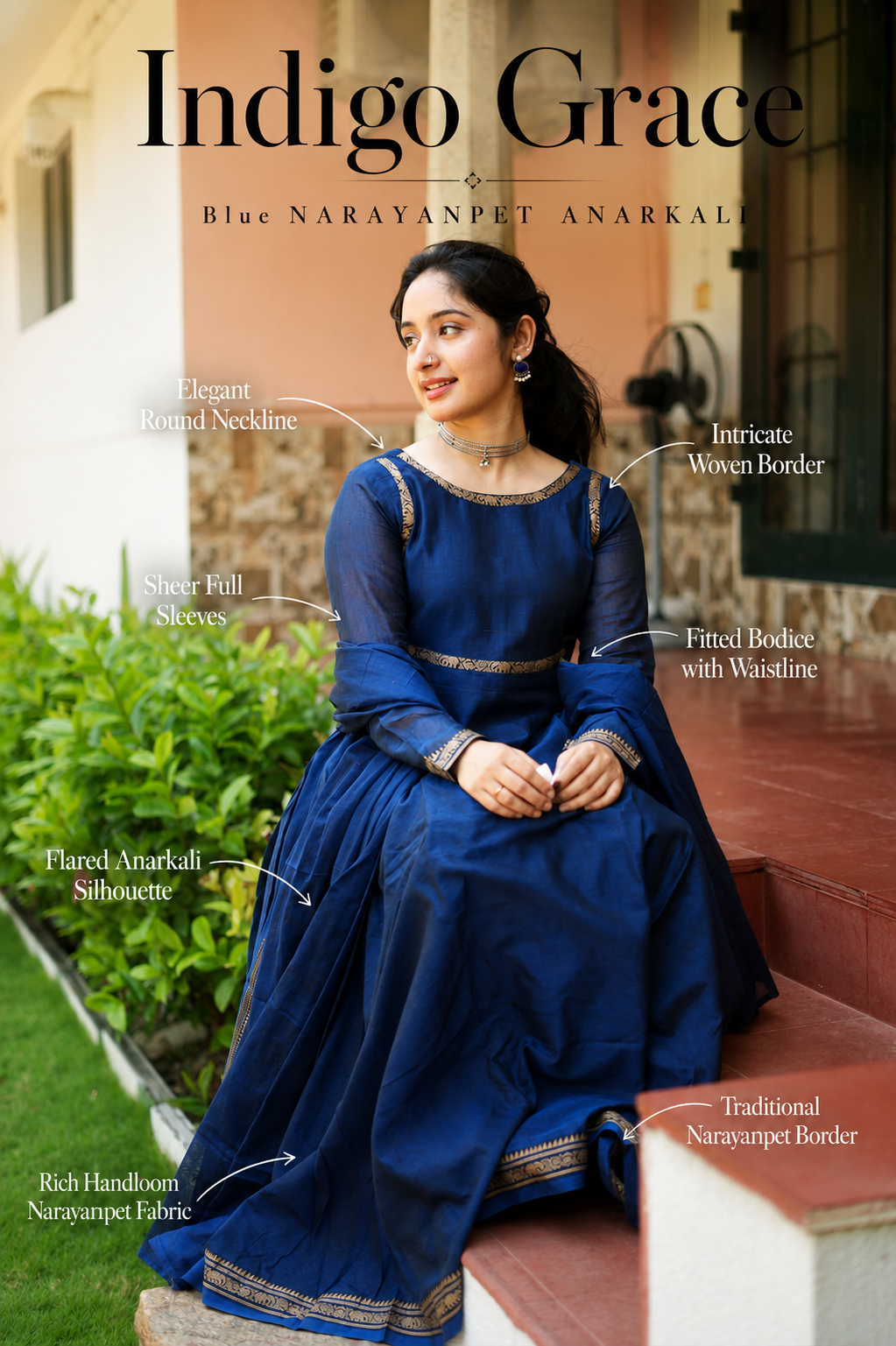 Indigo Grace – Blue Narayanpet Anarkali & Dupatta Set