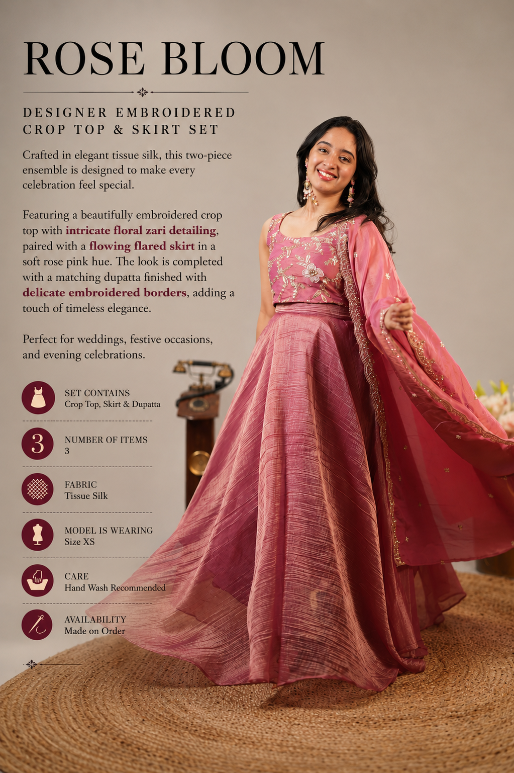 Rose Bloom – Pink Tissue Silk Crop Top, Skirt & Dupatta Set (VC1047)