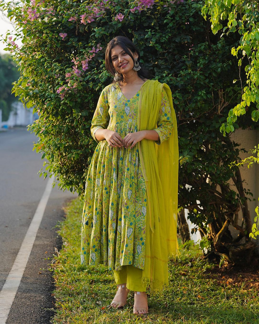 Green floral kurta set with Kota dupatta