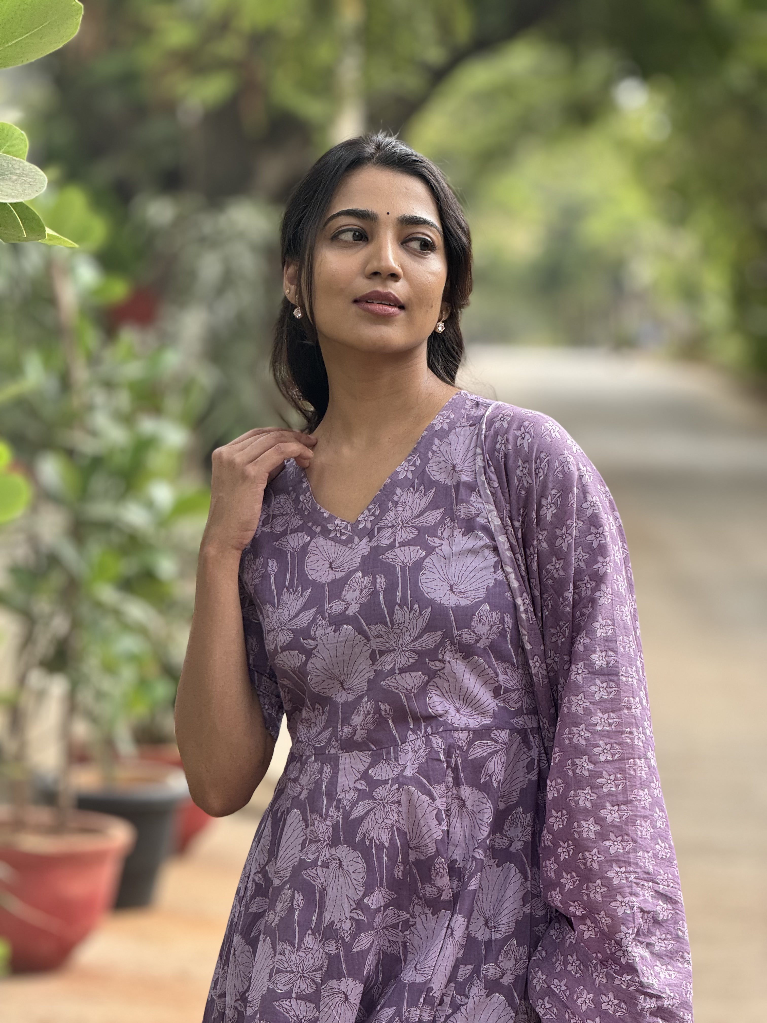 Amayra – Purple Cotton Handblock Print Anarkali Suit Set