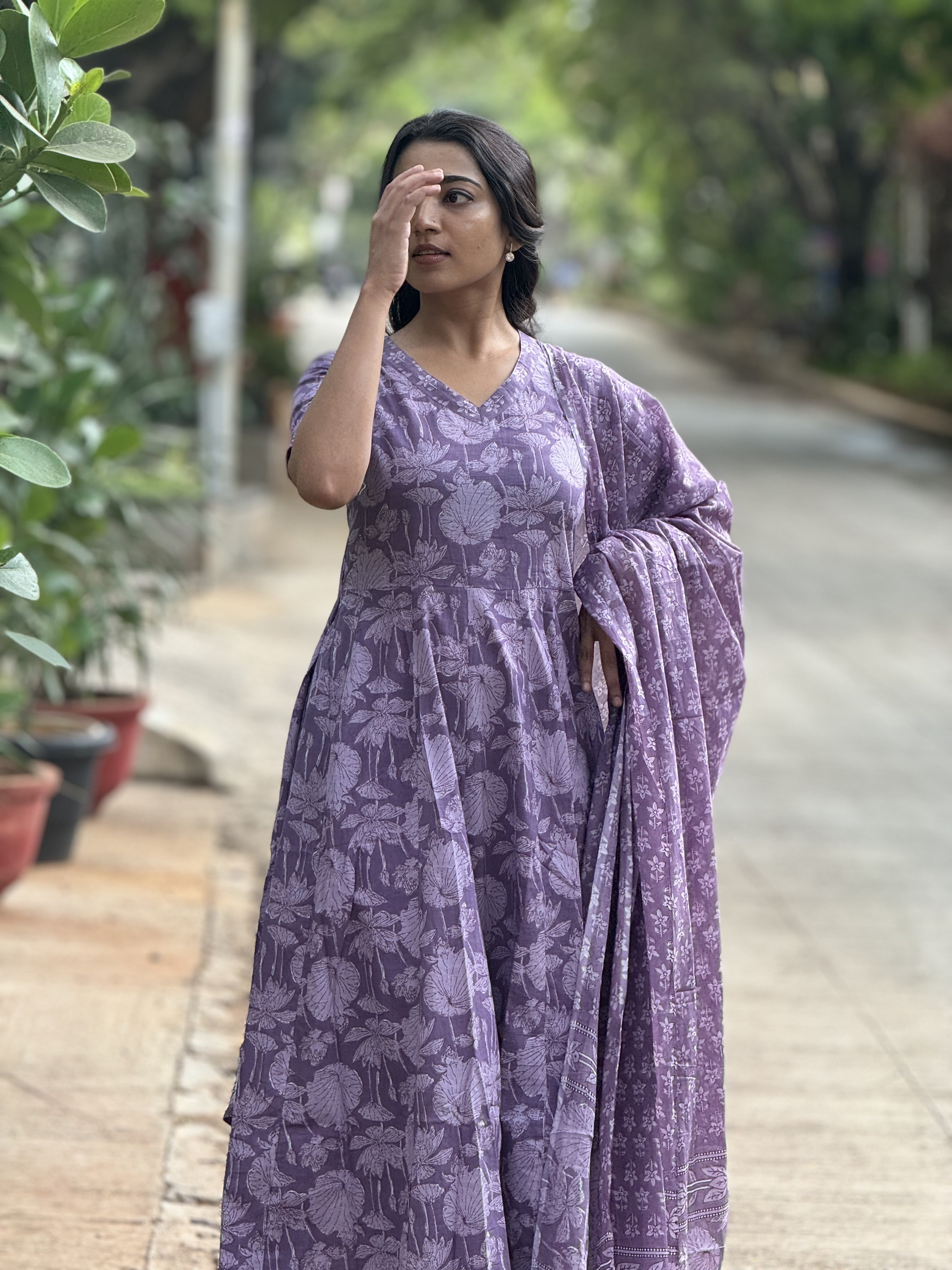 Amayra – Purple Cotton Handblock Print Anarkali Suit Set