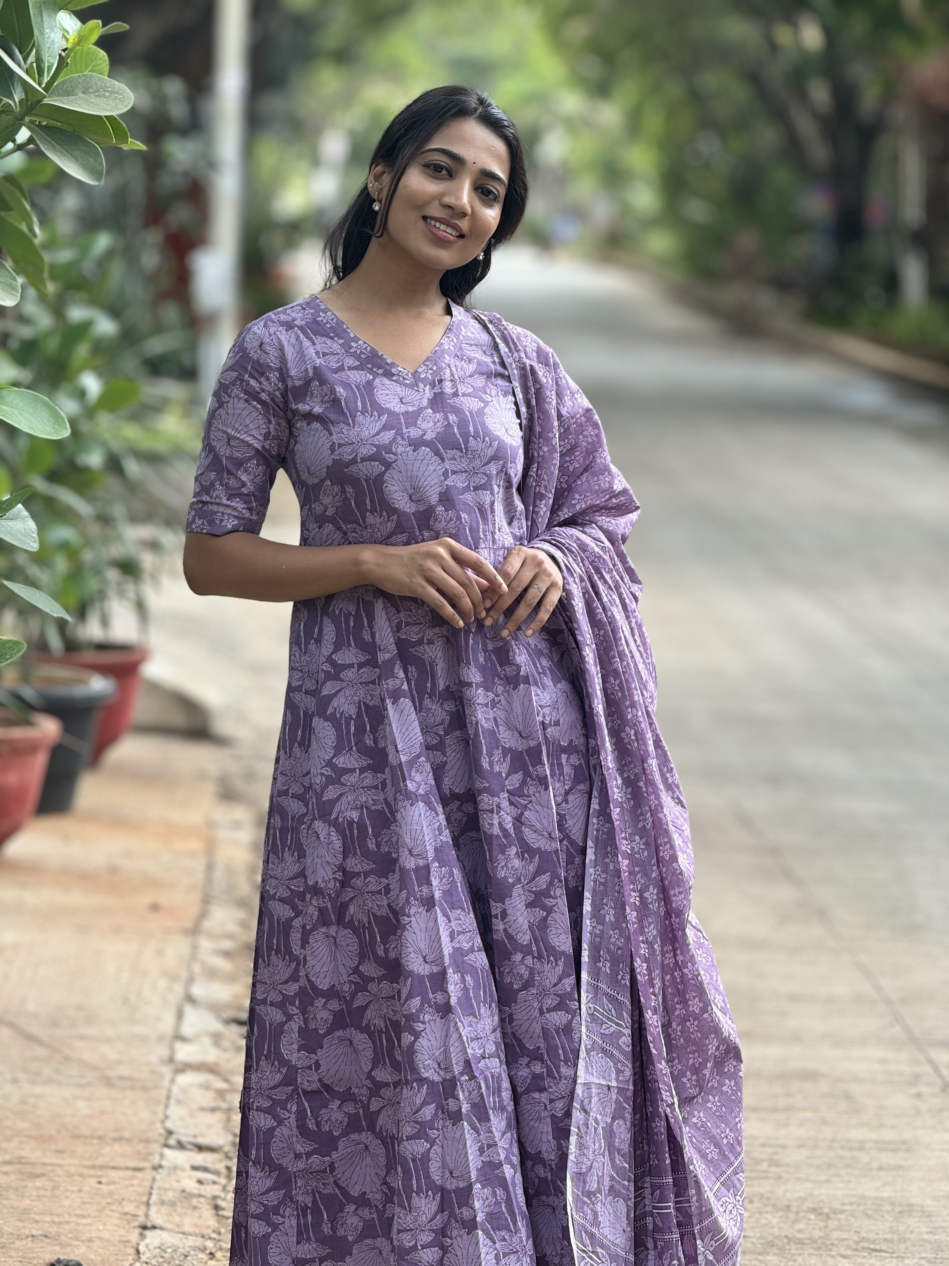 Amayra – Purple Cotton Handblock Print Anarkali Suit Set