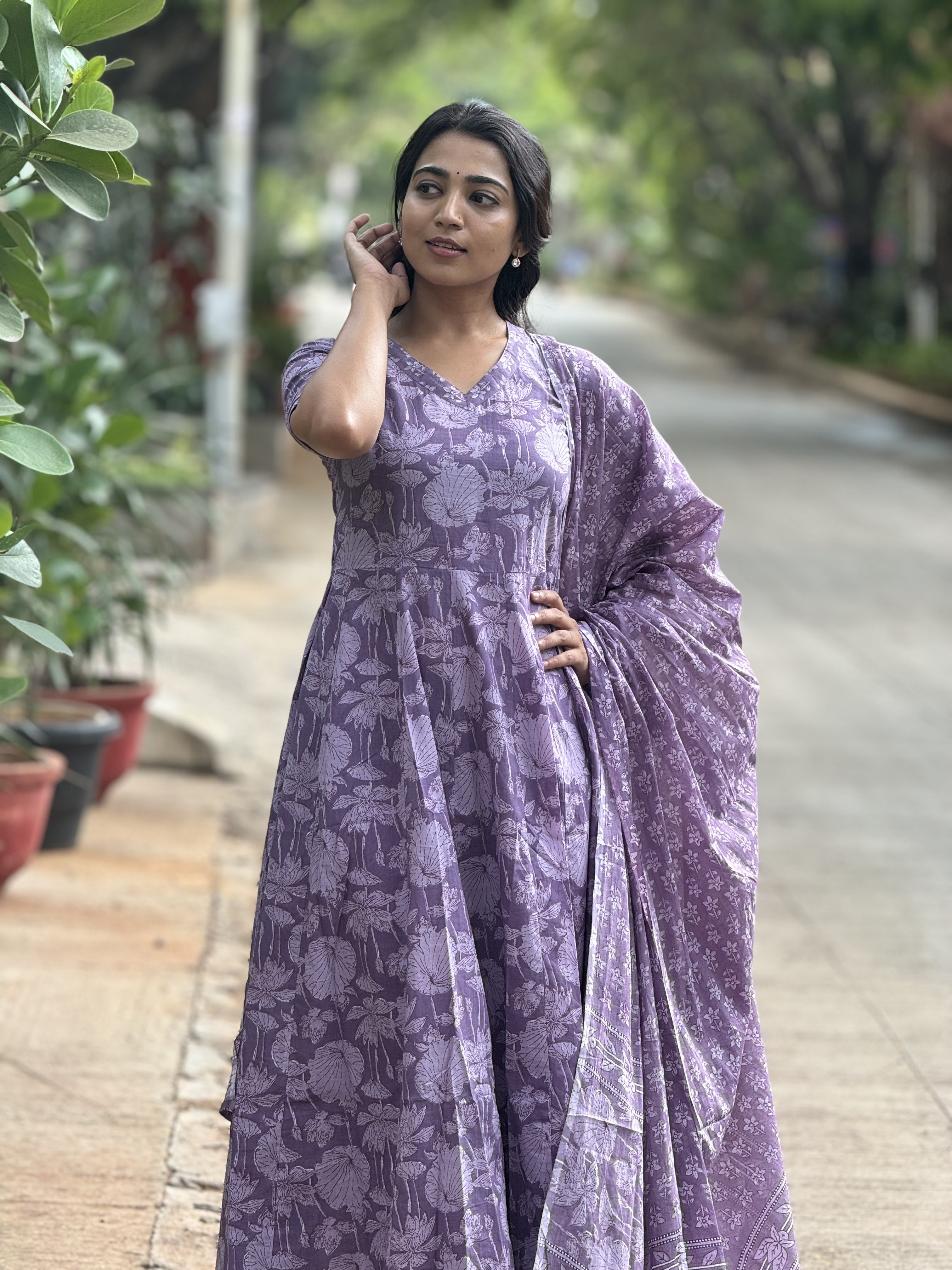 Amayra – Purple Cotton Handblock Print Anarkali Suit Set