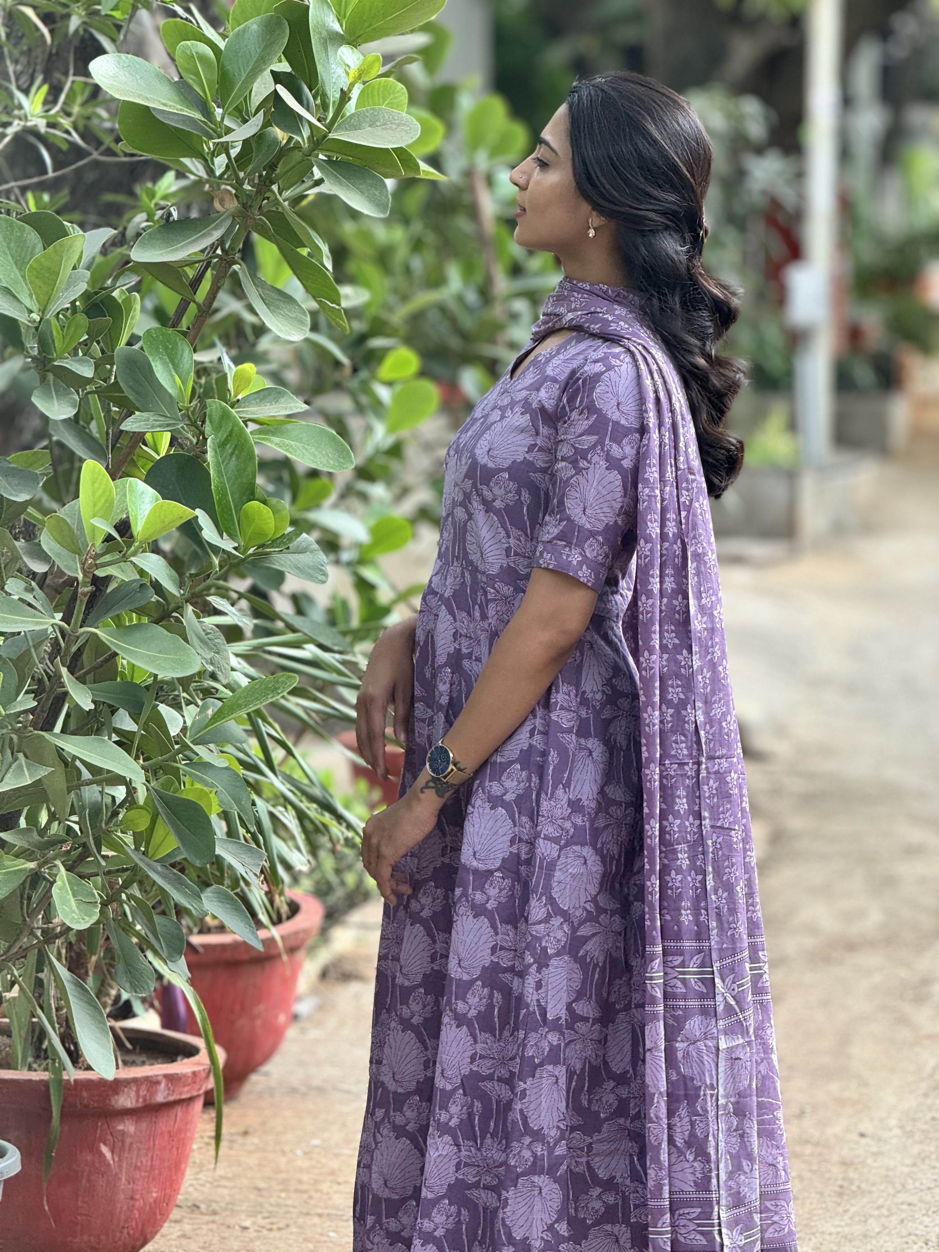Amayra – Purple Cotton Handblock Print Anarkali Suit Set